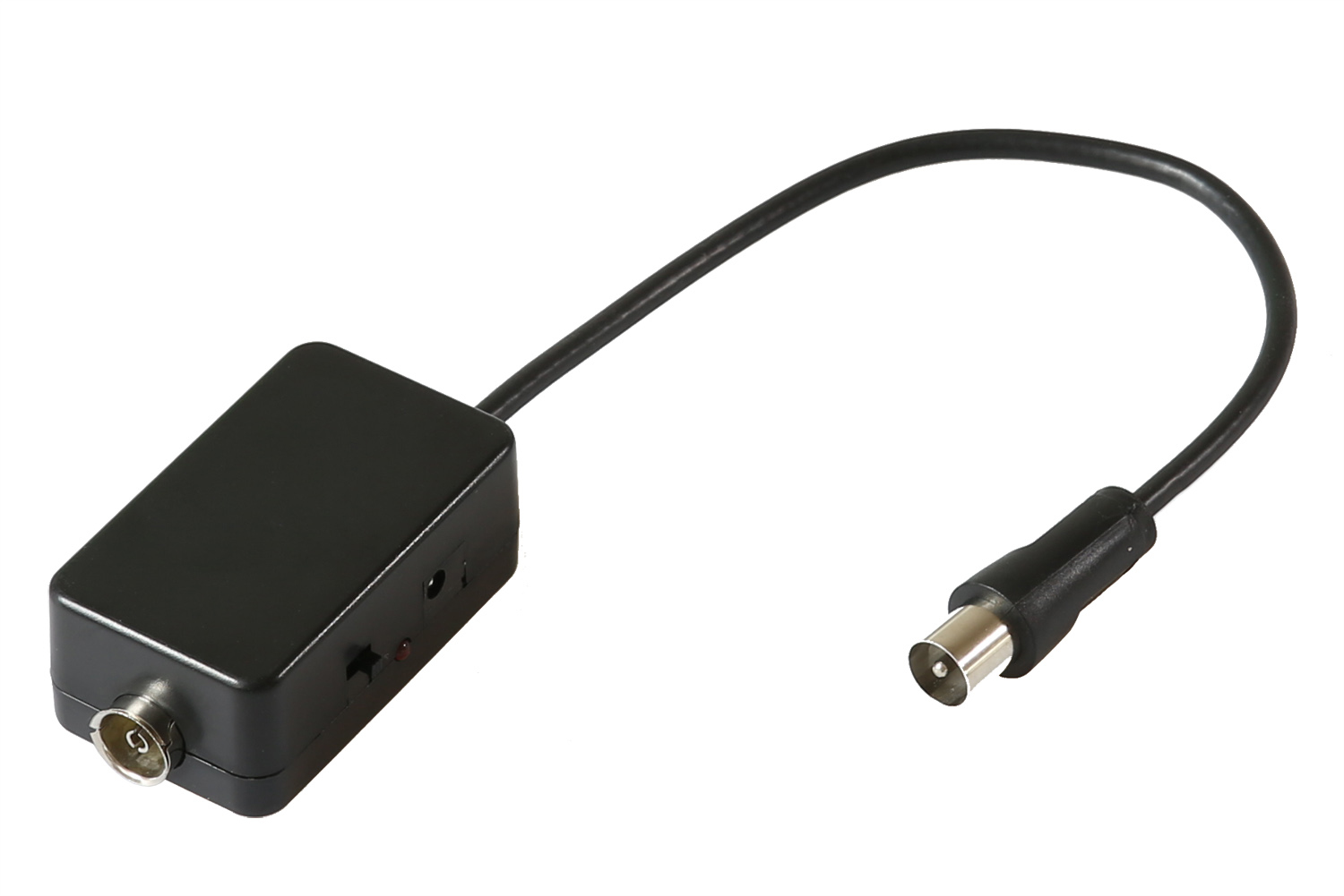 Czarne prostokątne urządzenie z przyłączem antenowym i dołączonym czarnym kablem.