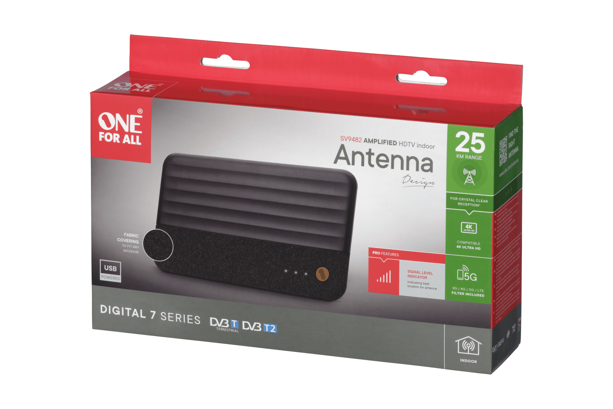 Eine rechteckige Antenne mit einer Box. Die Box hat das Logo ONE FOR ALL.