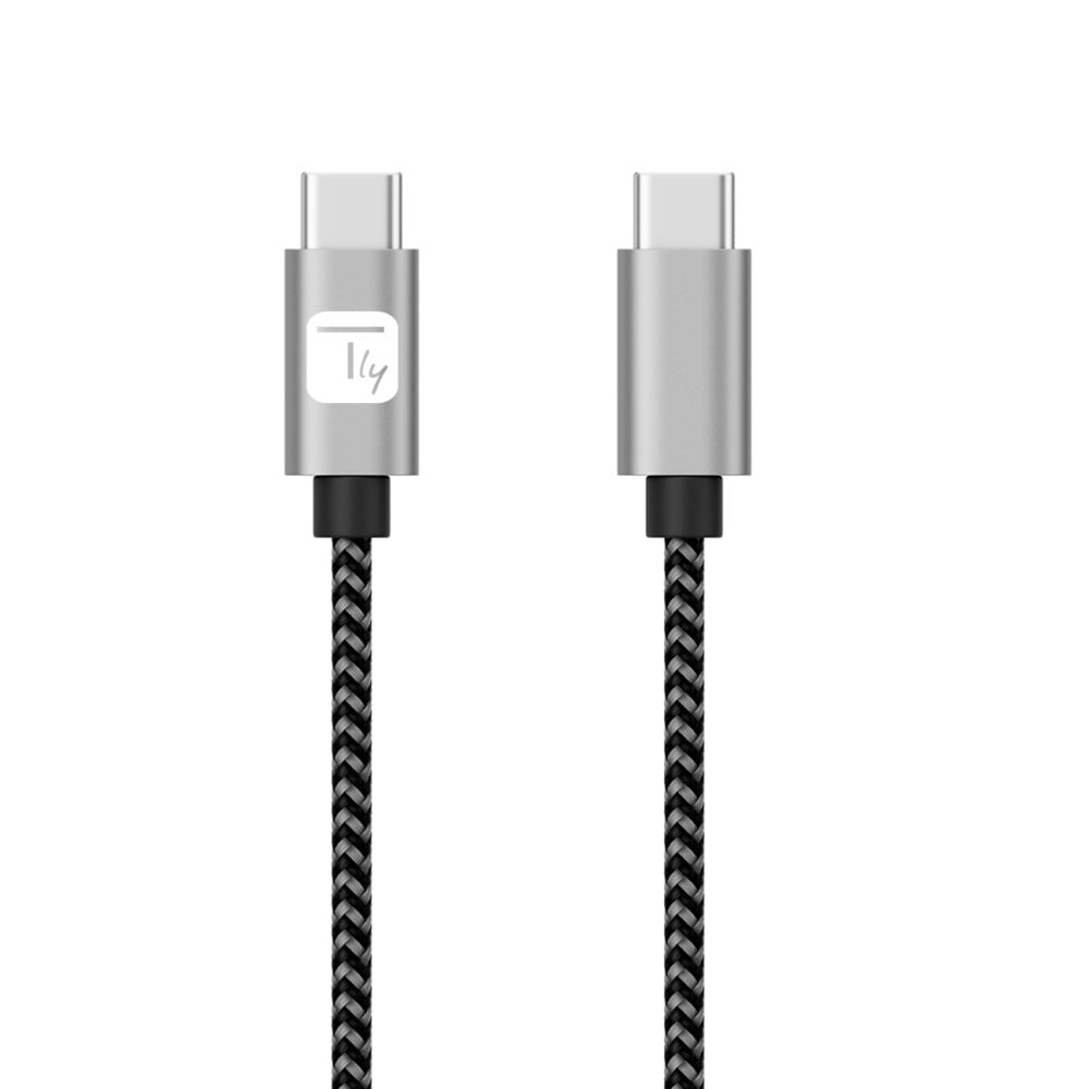 Due cavi USB-C argentati. I connettori sono argentati e il cavo è nero.