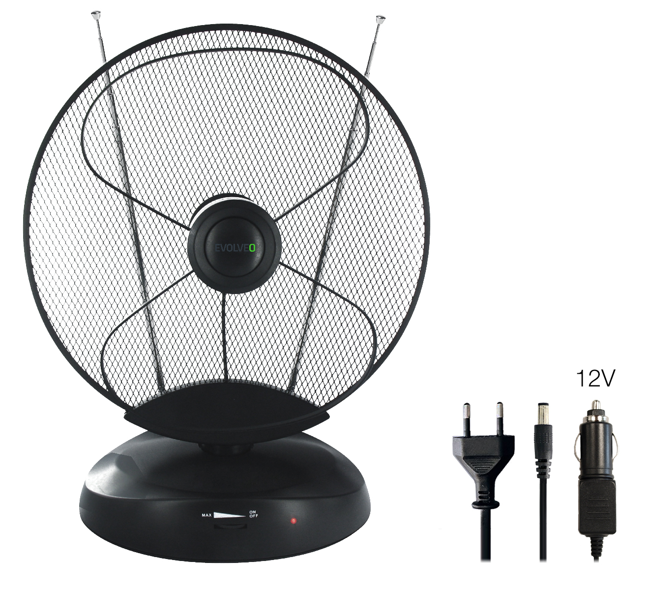 Czarna antena TV z okrągłą siatką. Zawiera zasilacz i adapter samochodowy.