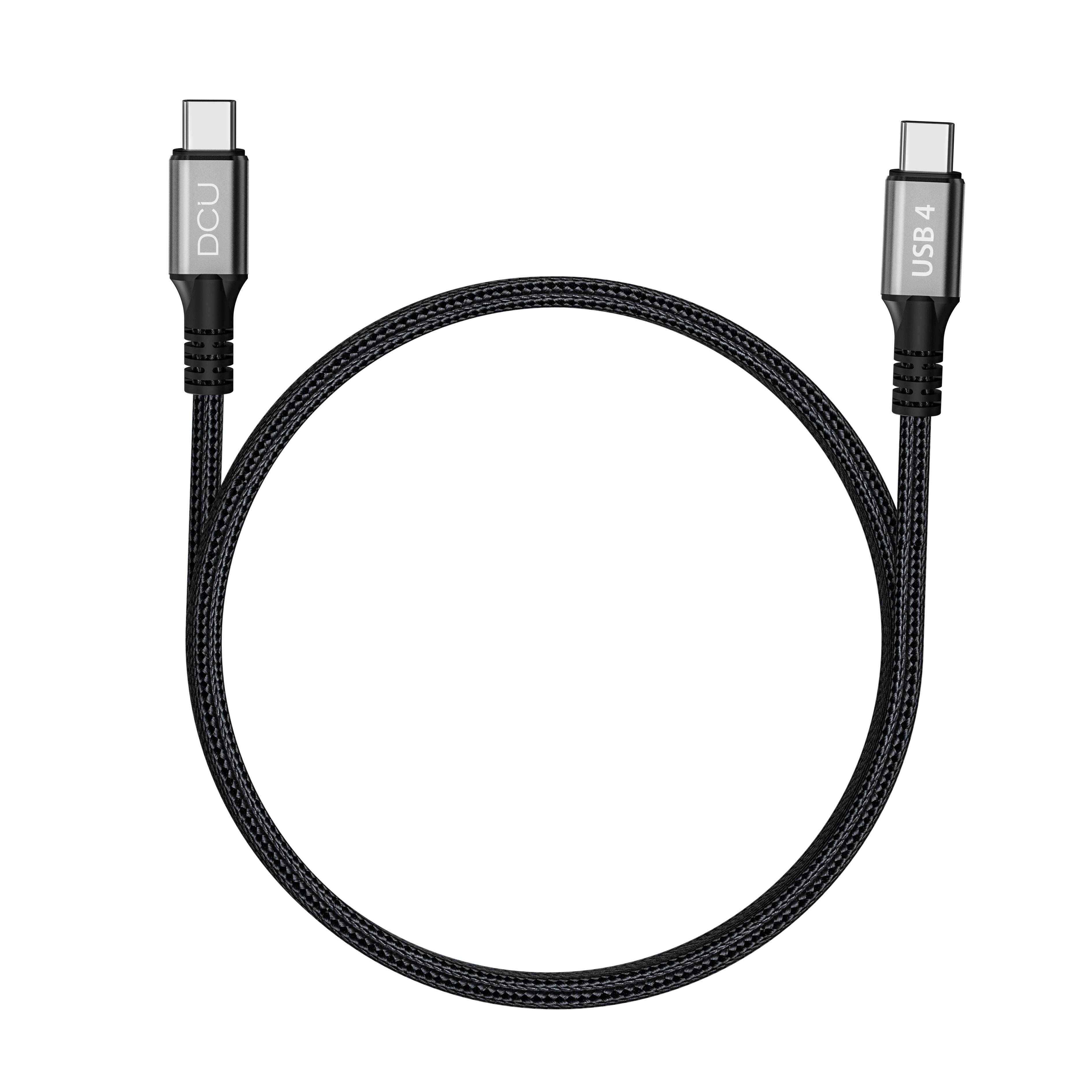 Cavo USB 4 nero che forma un cerchio, con marcature DCU e USB 4 sui connettori.