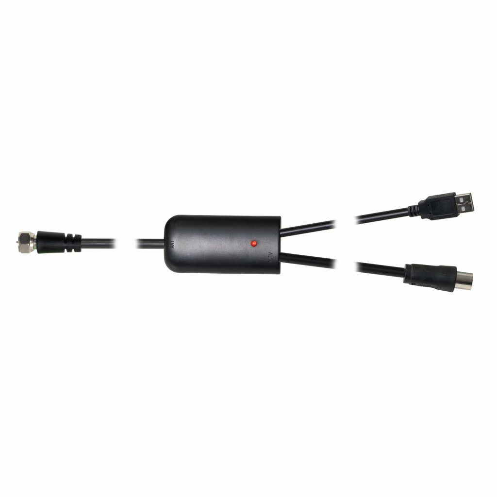 Czarny kabel TV z USB i innymi złączami. Czerwone światło na środkowej części kabla.