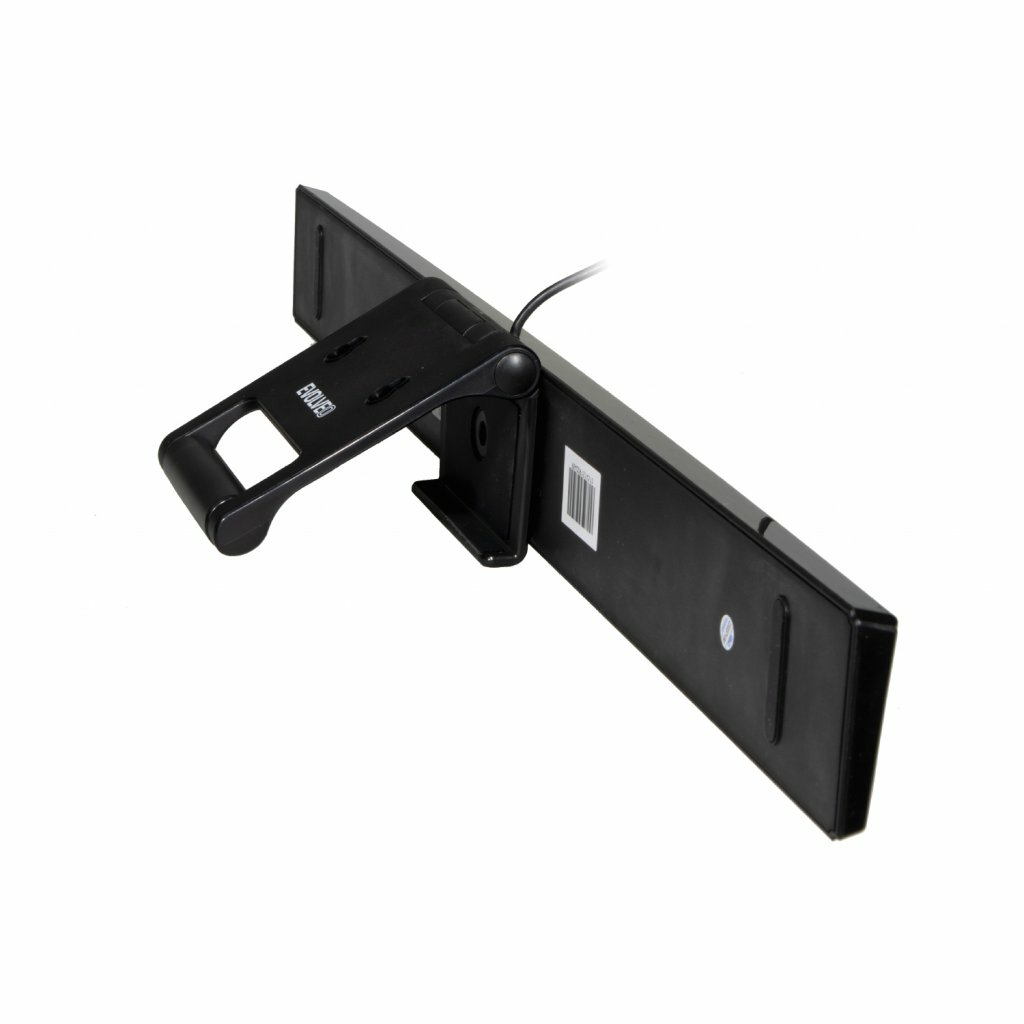 Czarne urządzenie ze stojakiem, widok z góry. Urządzenie ma kabel i białe tło.