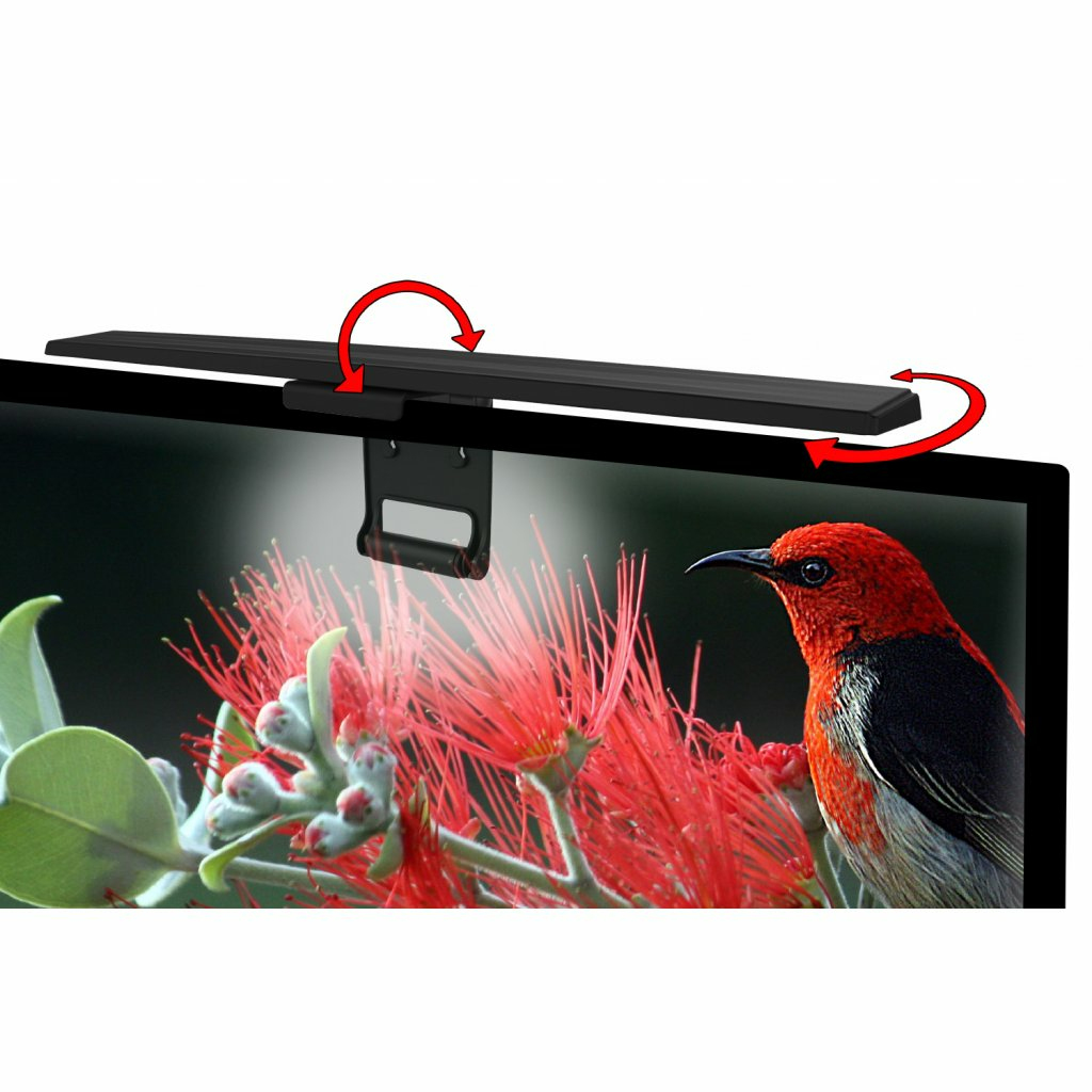 Czarny pasek świetlny jest zamontowany nad ekranem telewizora z czerwonymi strzałkami wskazującymi regulację.