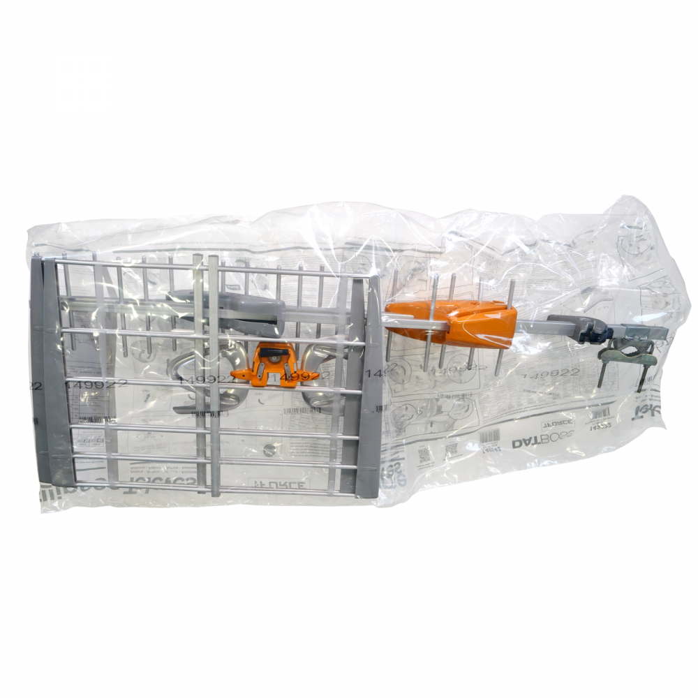Eine Antenne, in Plastik verpackt. Sie hat orange und graue Teile.