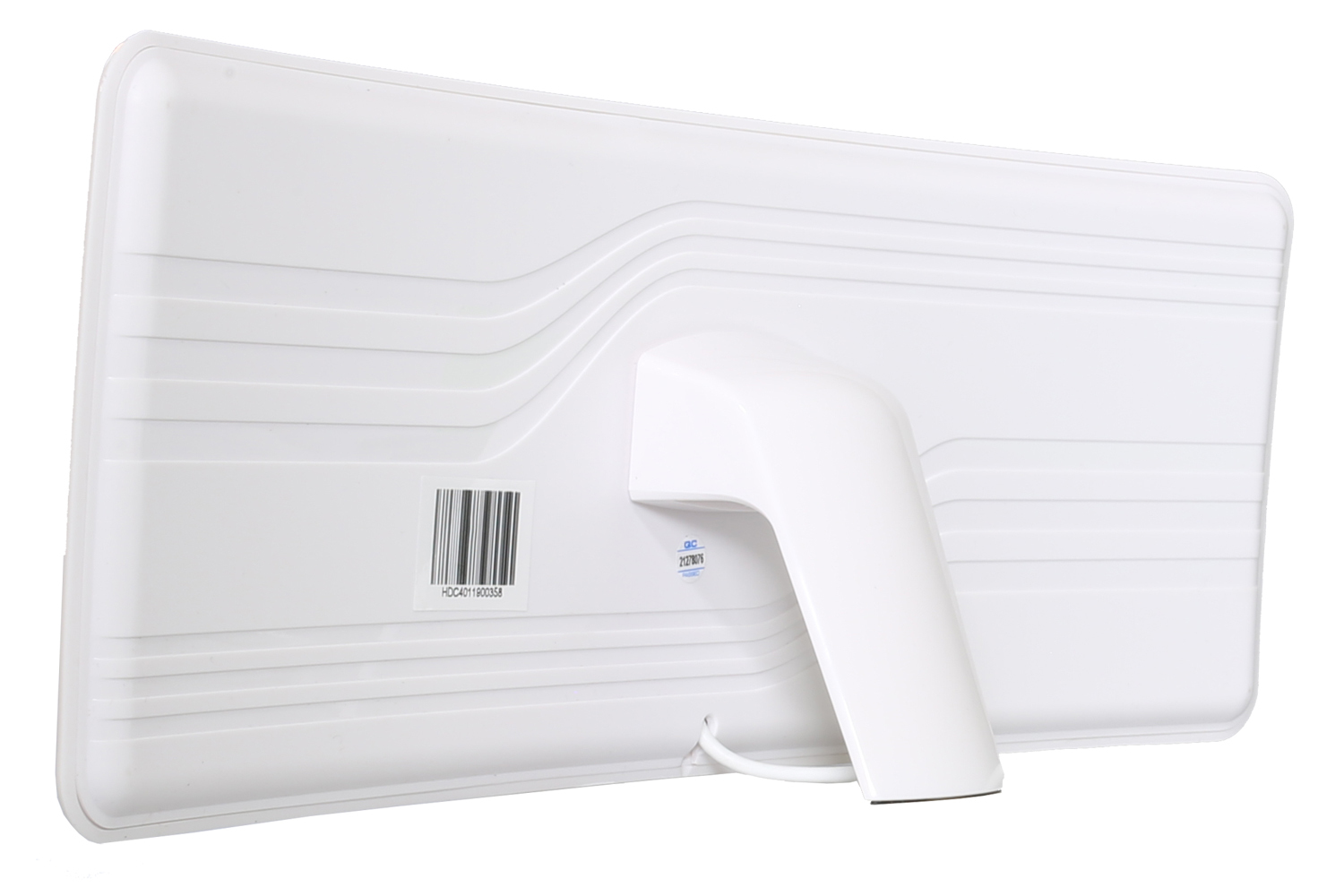 Białe prostokątne urządzenie z kodem kreskowym i podstawką na białym tle.