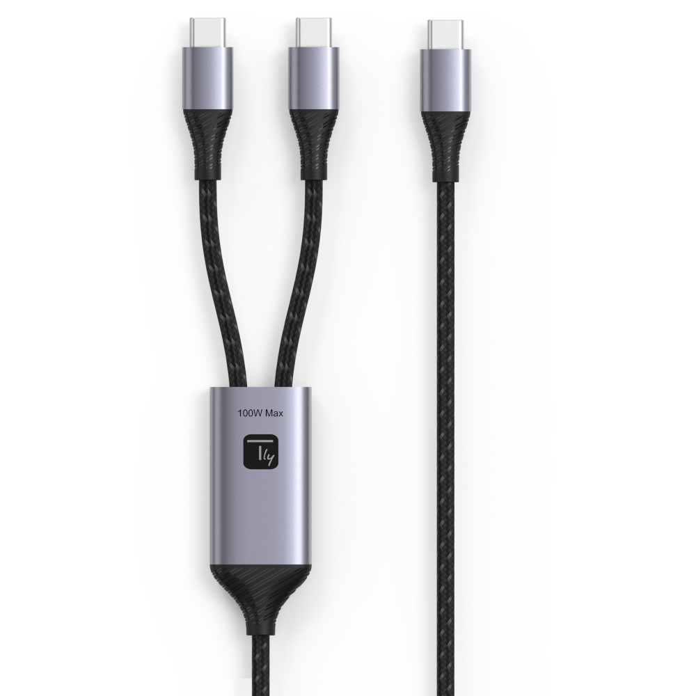 Ein schwarz-graues Kabel mit drei USB-C-Anschlüssen und einem 100W Max-Etikett.