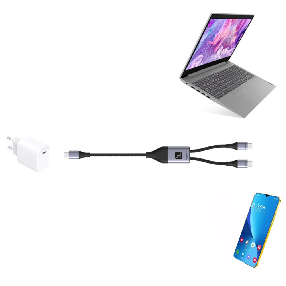 Laptop, Ladegerät, Kabel und Telefon auf weißem Hintergrund.