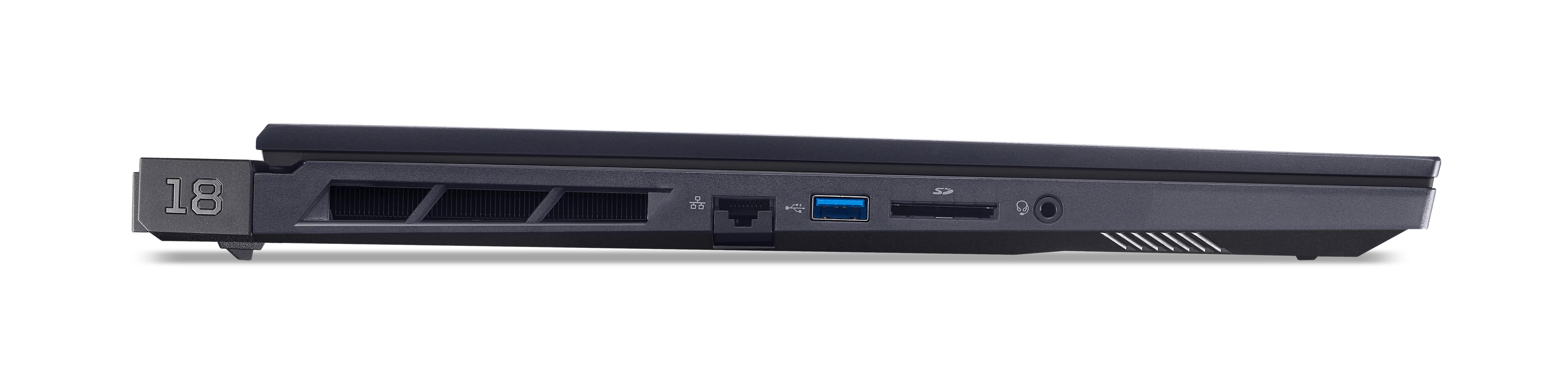 Widok z boku laptopa, czarny z boku portu. Białe tło.