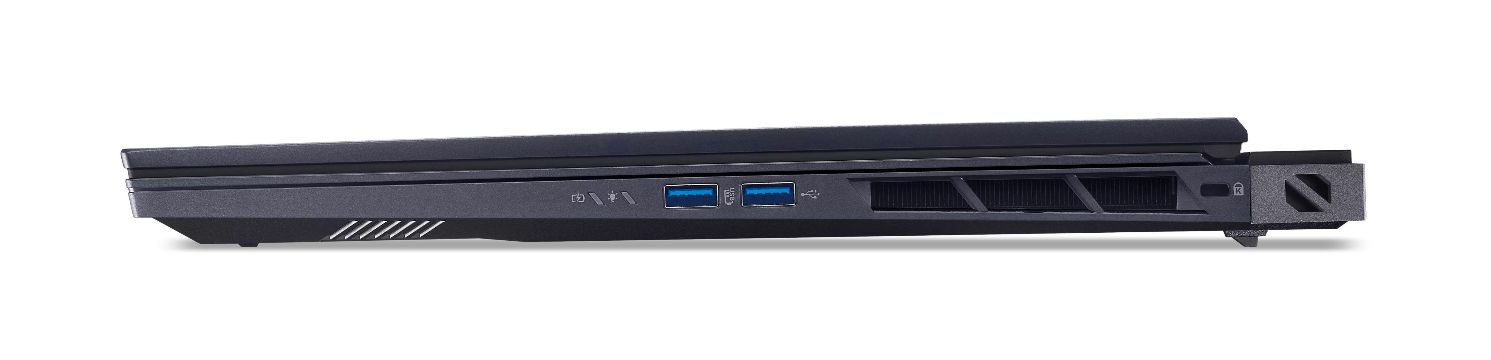 Widok z boku czarnego laptopa, widoczne porty. Białe tło.