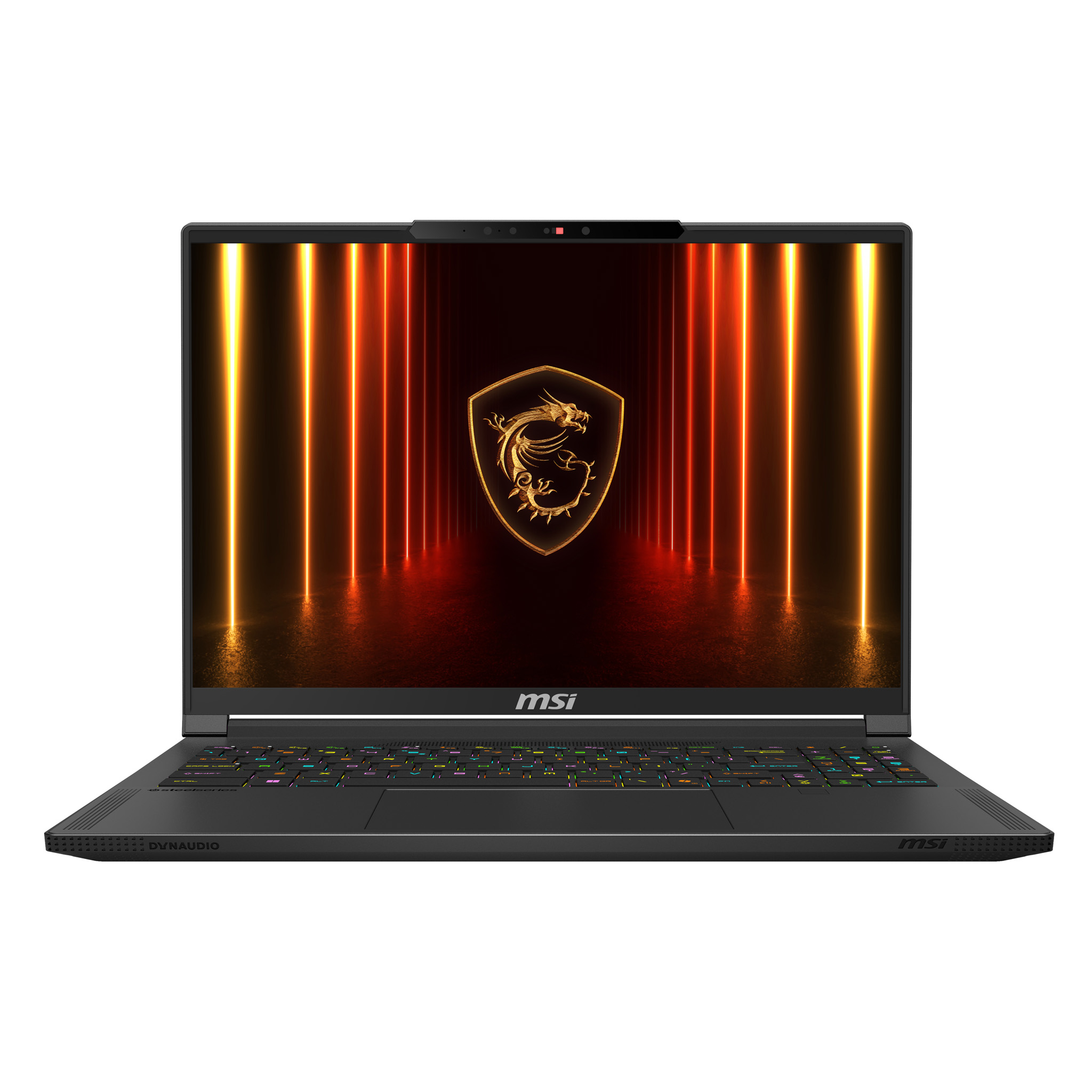 Laptop do gier MSI z logo smoka na ekranie, podświetlany pomarańczowymi światłami.