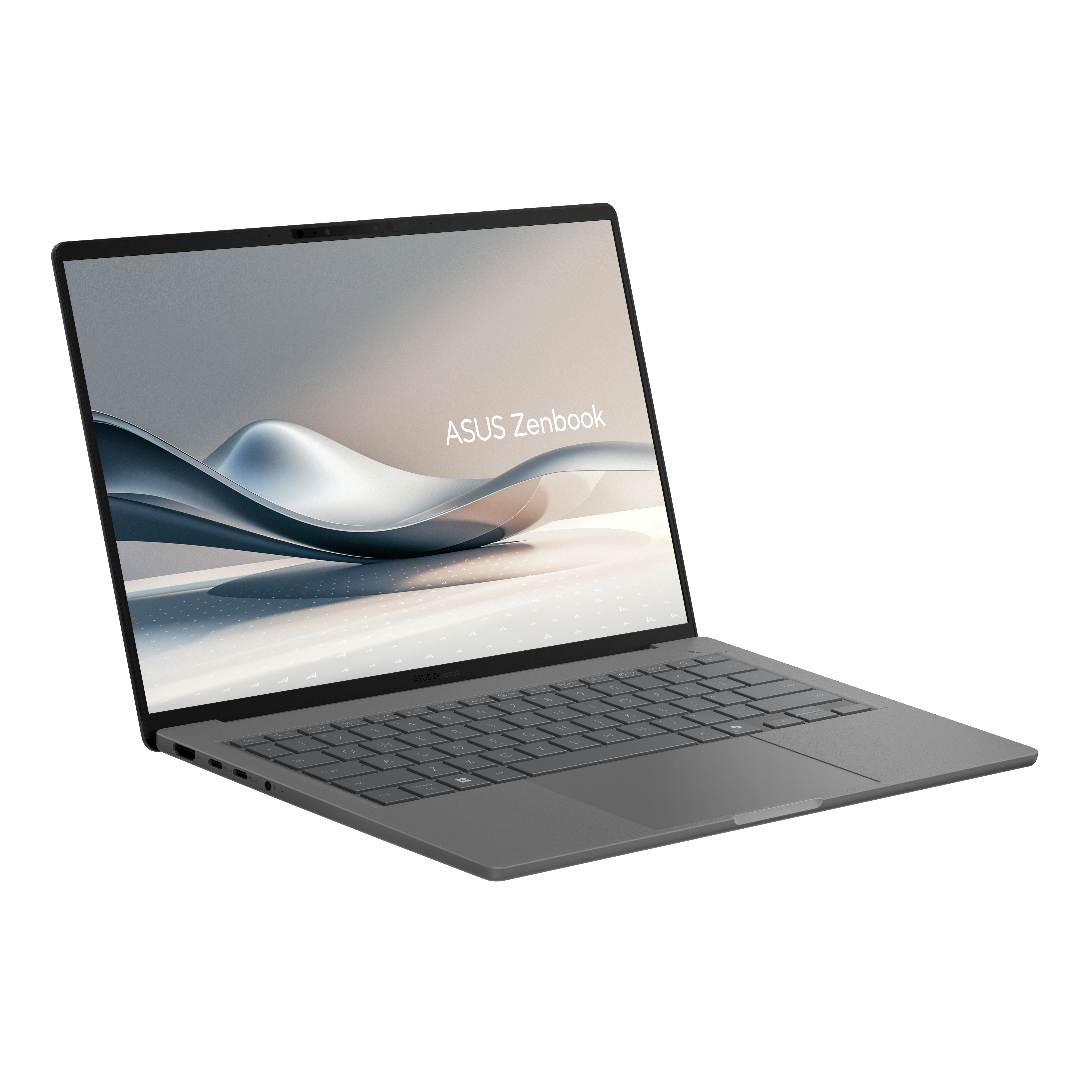 Szary laptop Asus Zenbook, otwarty. Pokazuje gradient. Tekst 'ASUS Zenbook' jest na ekranie.