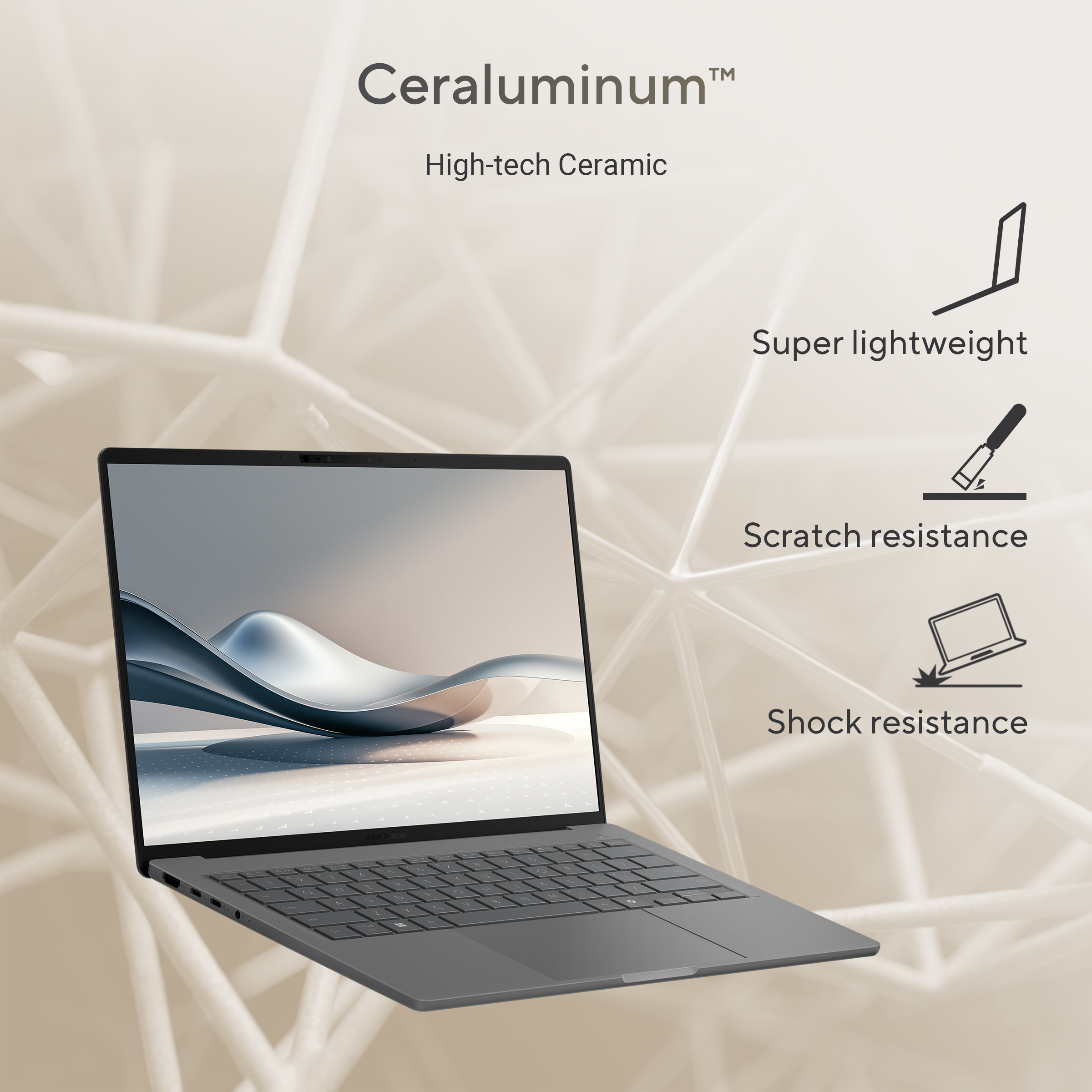 Laptop with text and graphics. Text explains features: lightweight, scratch and shock resistance. High-tech ceramic.