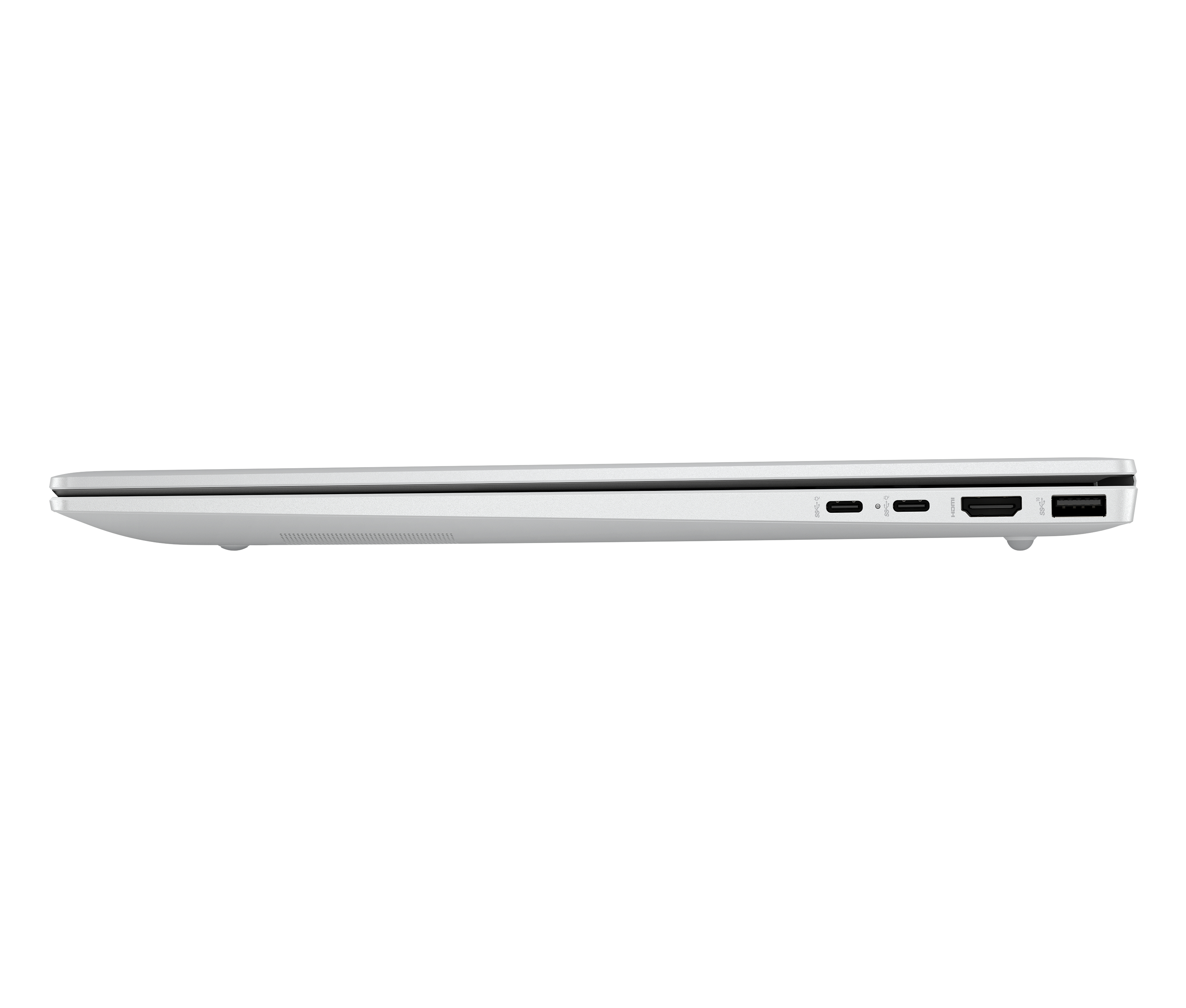 Side view of a silver laptop showing ports. White background.