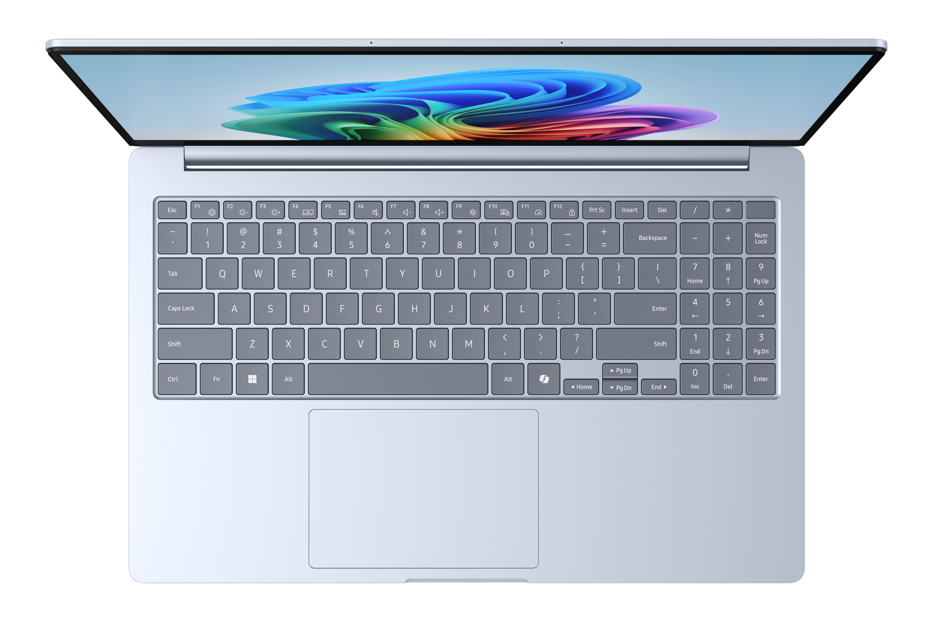 Silberner Laptop, Draufsicht, offen. Der Bildschirm zeigt eine farbenfrohe Anzeige. Weißer Hintergrund.