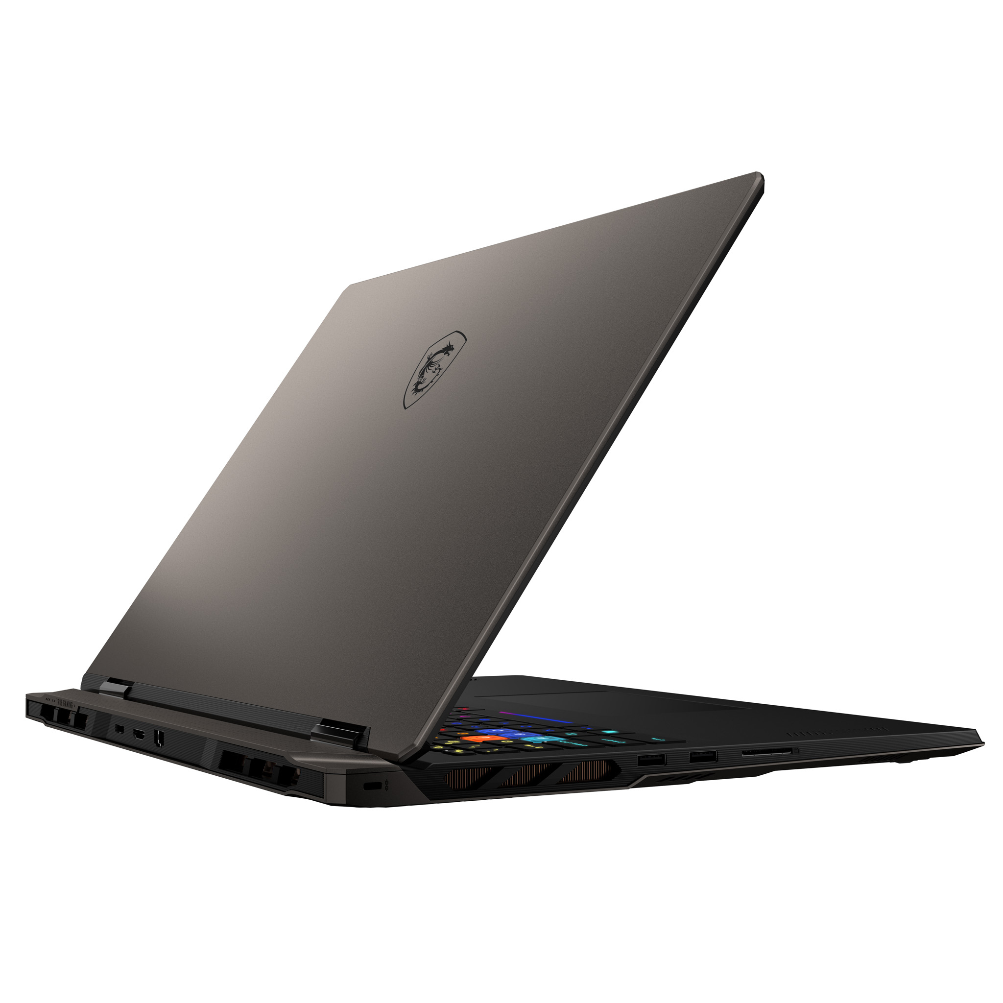 Laptop do gier MSI, widok pod kątem, pokazujący tył z logo i designem, czarny kolor.