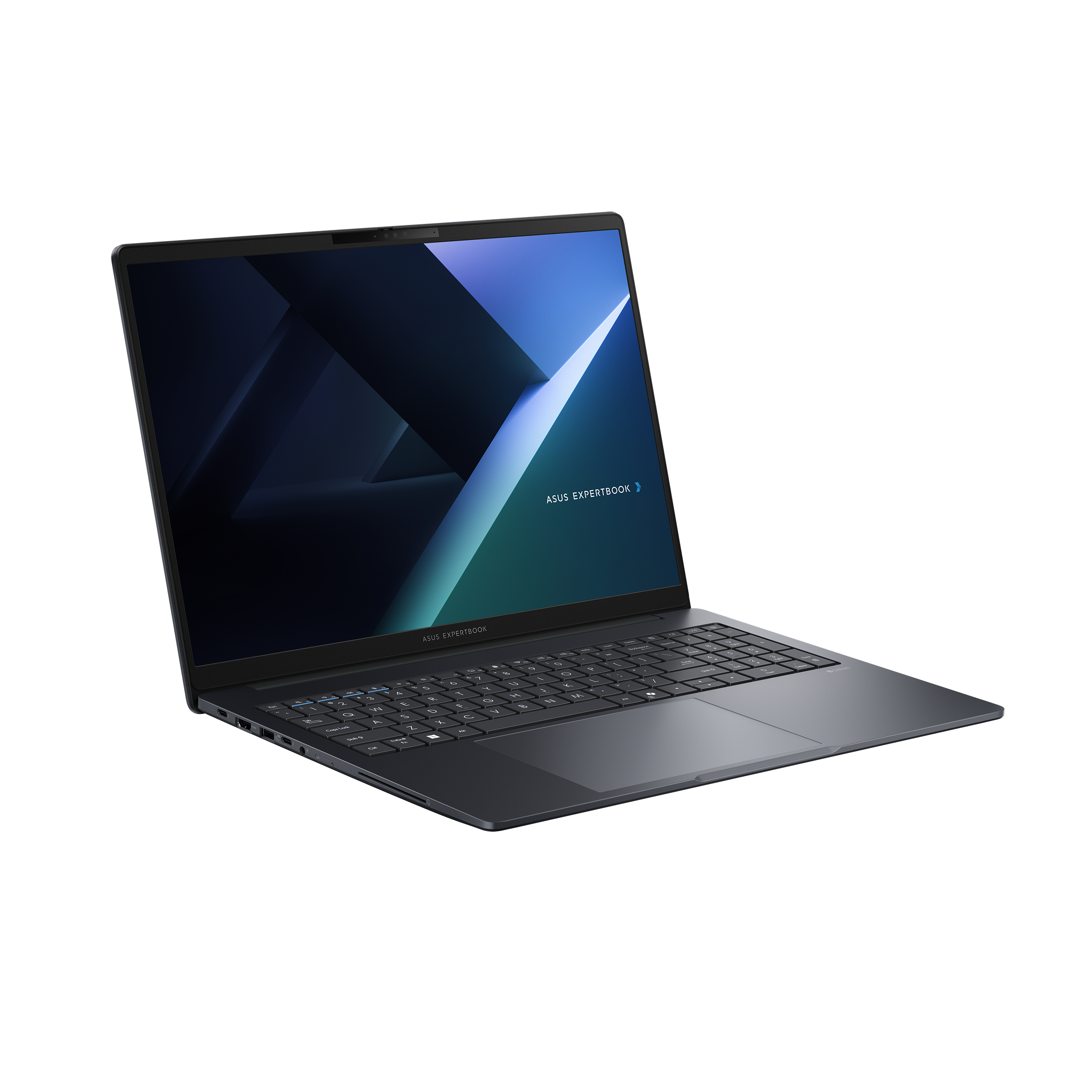 Laptop ASUS ExpertBook blu scuro. Vista angolata con schermo che mostra testo.