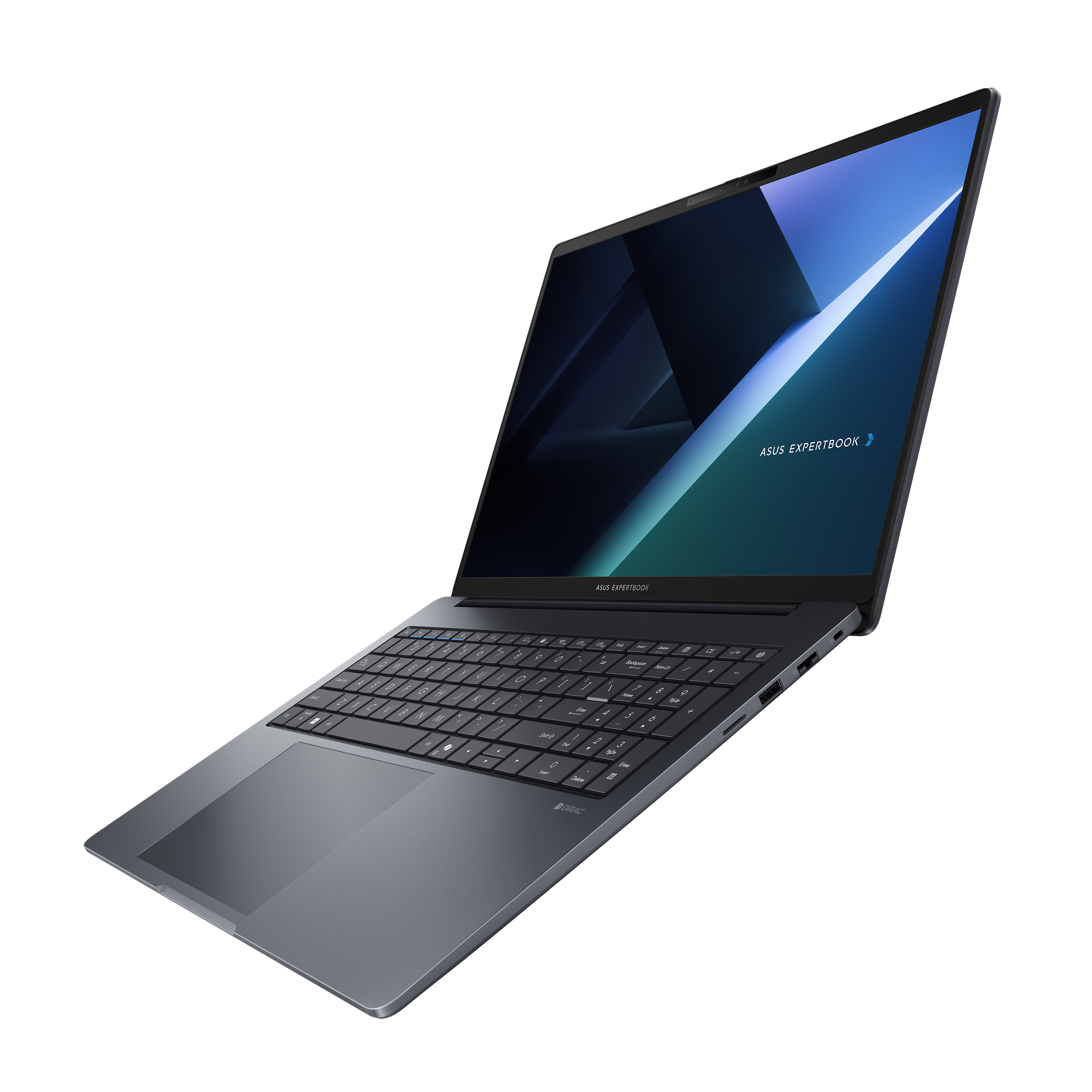 Laptop Asus Expertbook, aperto, schermo che mostra un design astratto. Sfondo bianco.