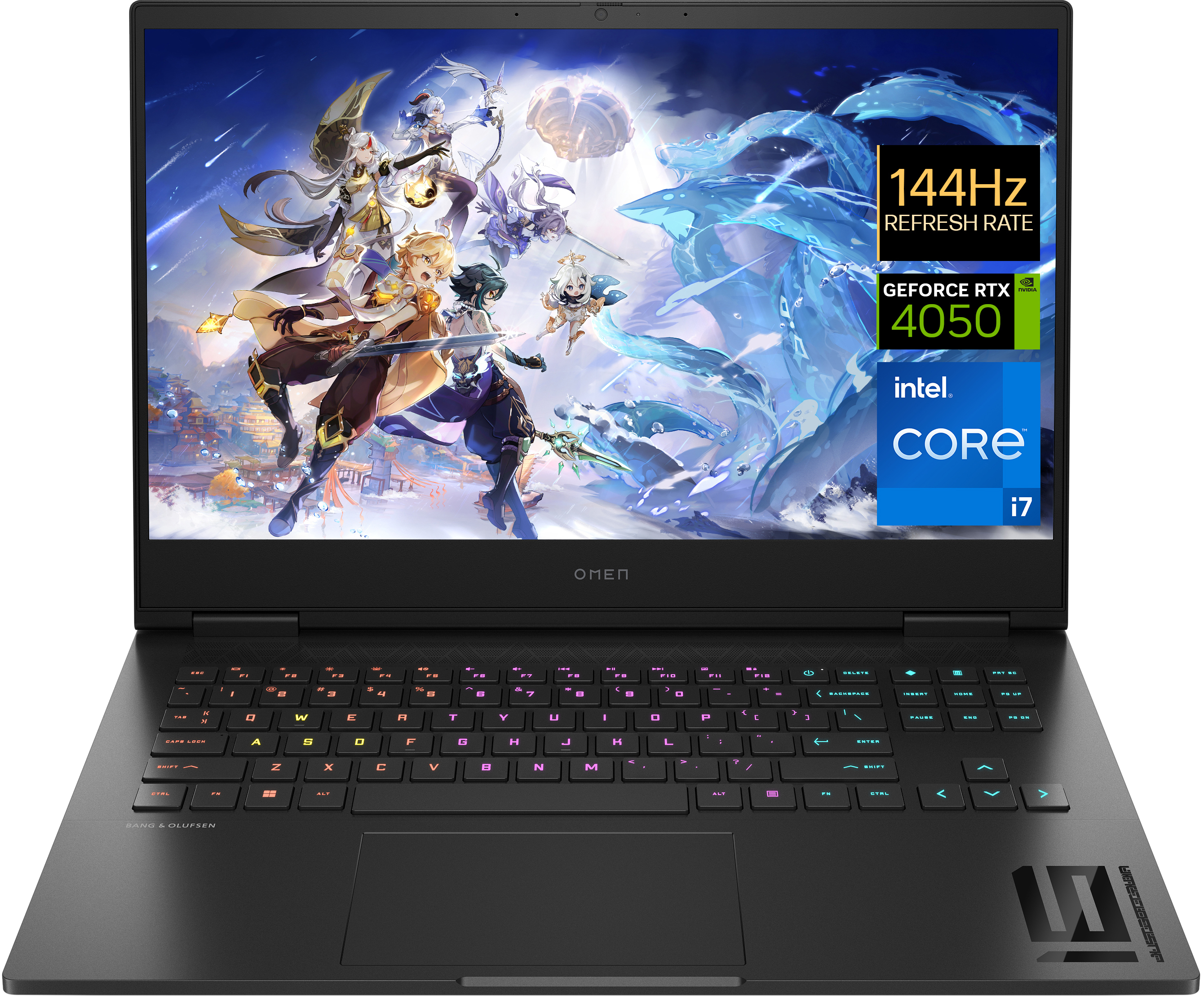 Czarny laptop Omen. Ekran wyświetla grafikę gry. Zawiera Intel Core i7 i RTX 4050. Białe tło.