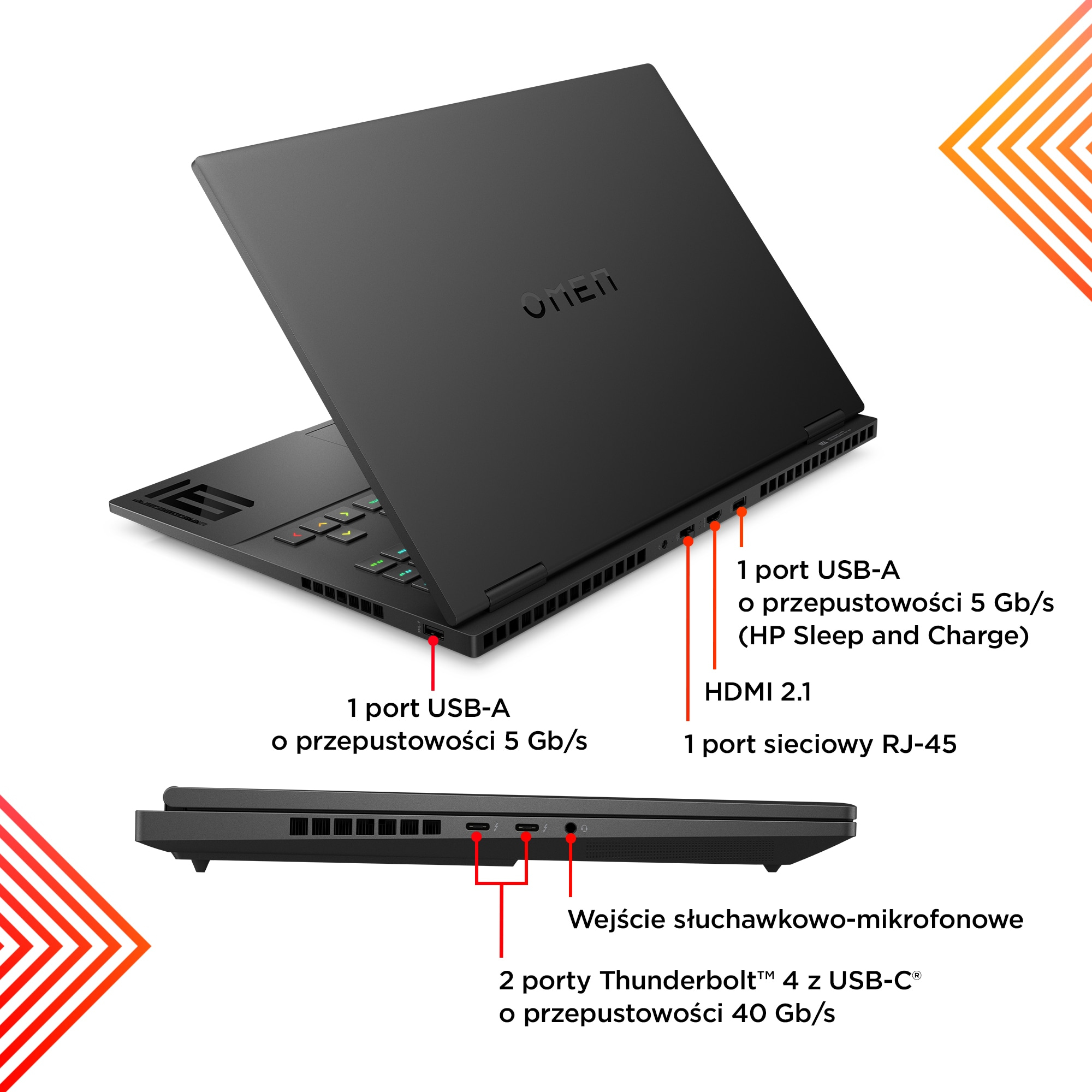 Szczegół portów laptopa Omen. Białe tło.