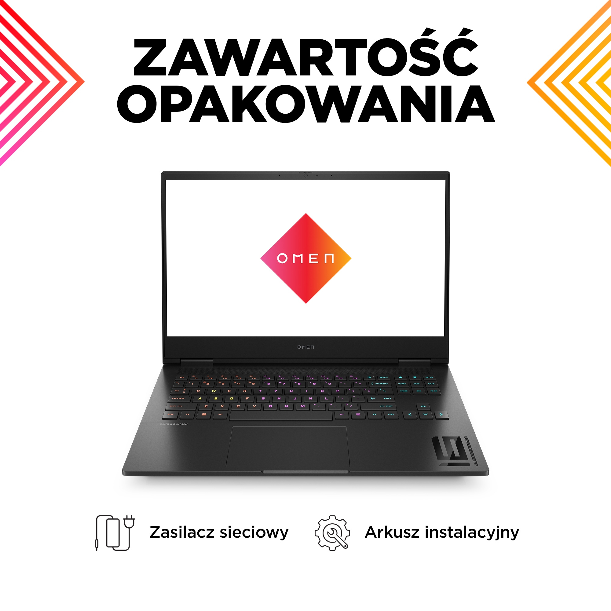 Czarny laptop z ekranem OMEN. Tekst ZAWARTOSC OPAKOWANIA na górze.