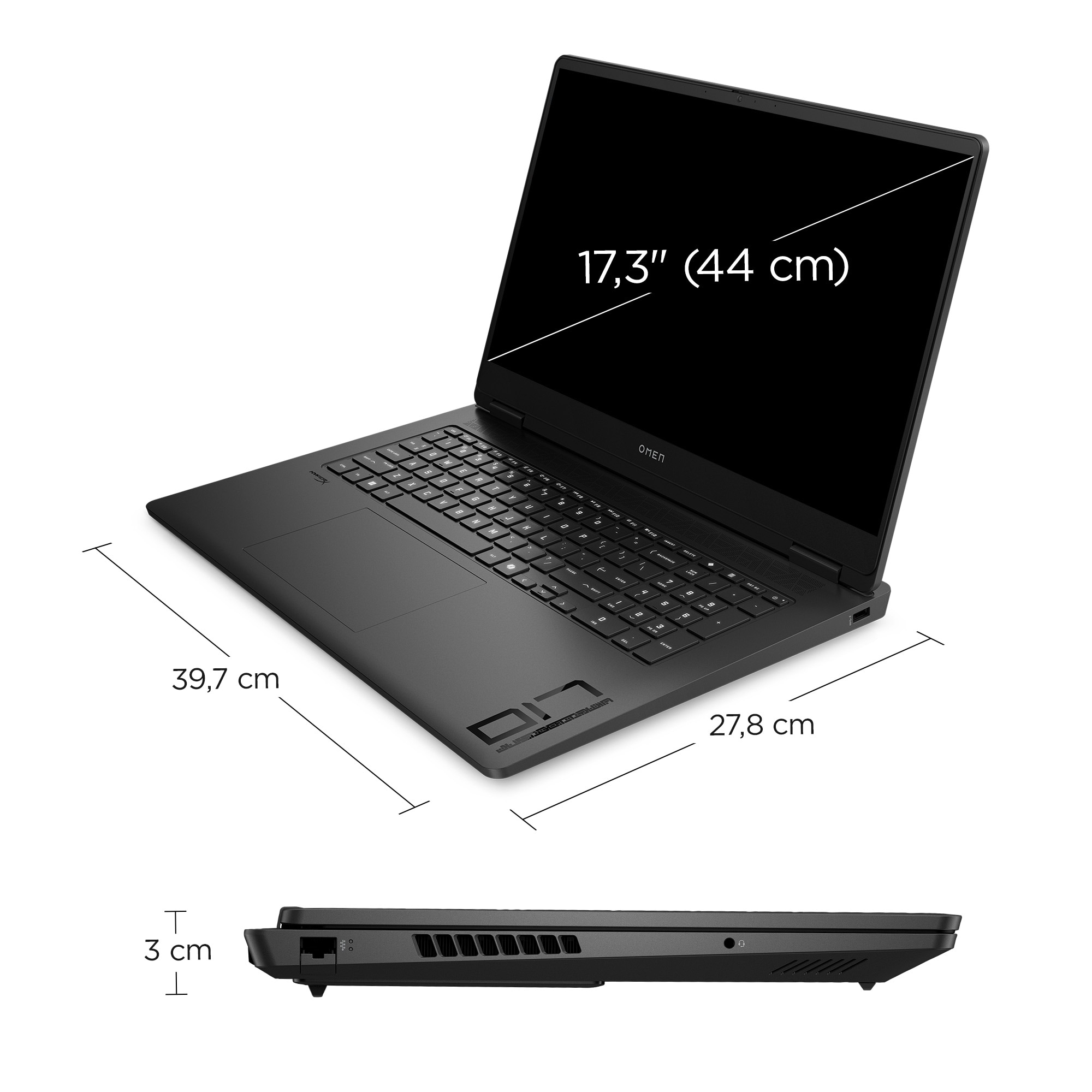 Czarny laptop z otwartym ekranem pokazującym wymiary. Rozmiar ekranu 17,3 cala, wymiary 39,7x27,8x3 cm.