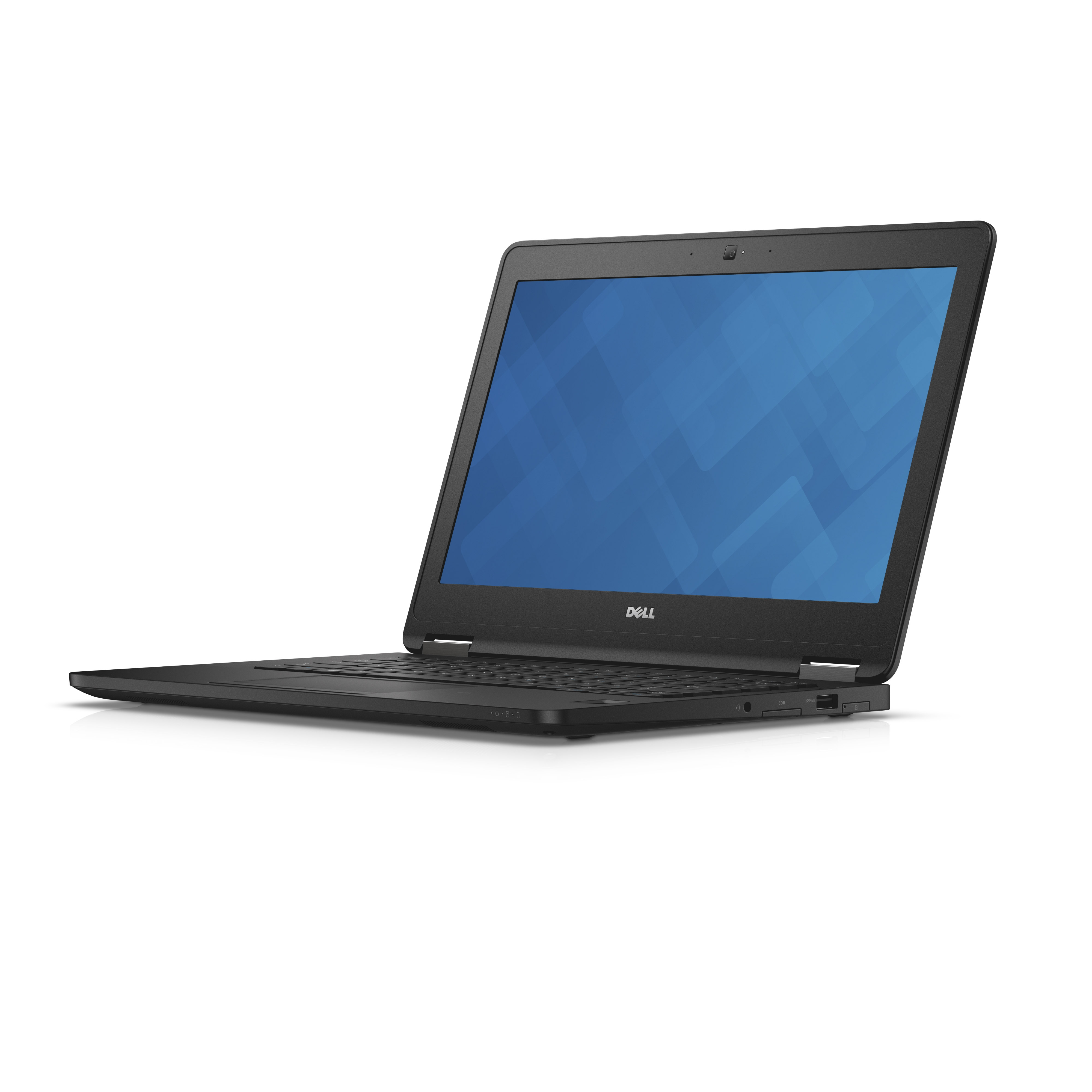 Schwarzer Dell-Laptop im Winkel geöffnet, zeigt einen blauen Bildschirm und das DELL-Logo.