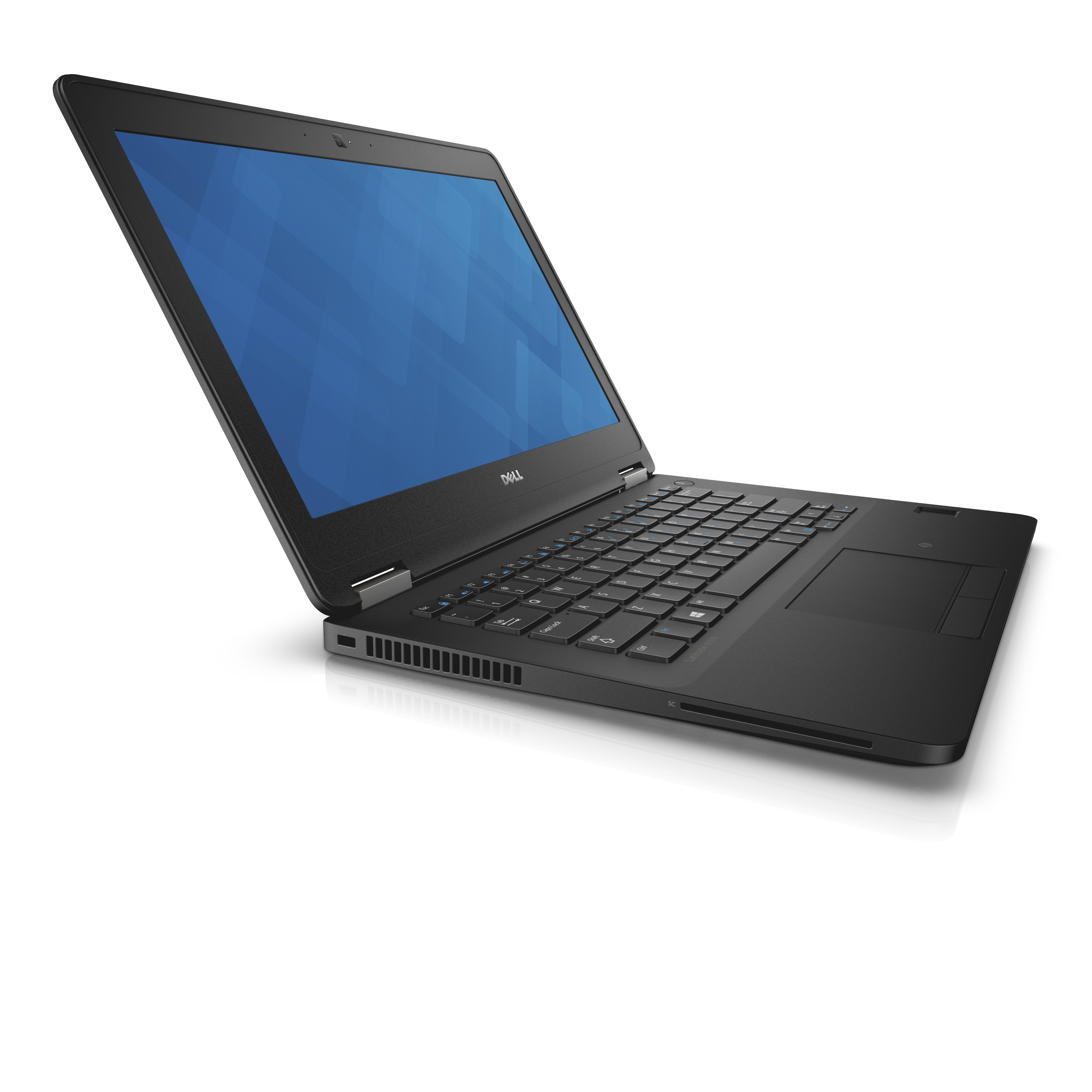 Schwarzer Dell-Laptop, offen, angewinkelt, Bildschirm zeigt blauen Hintergrund.