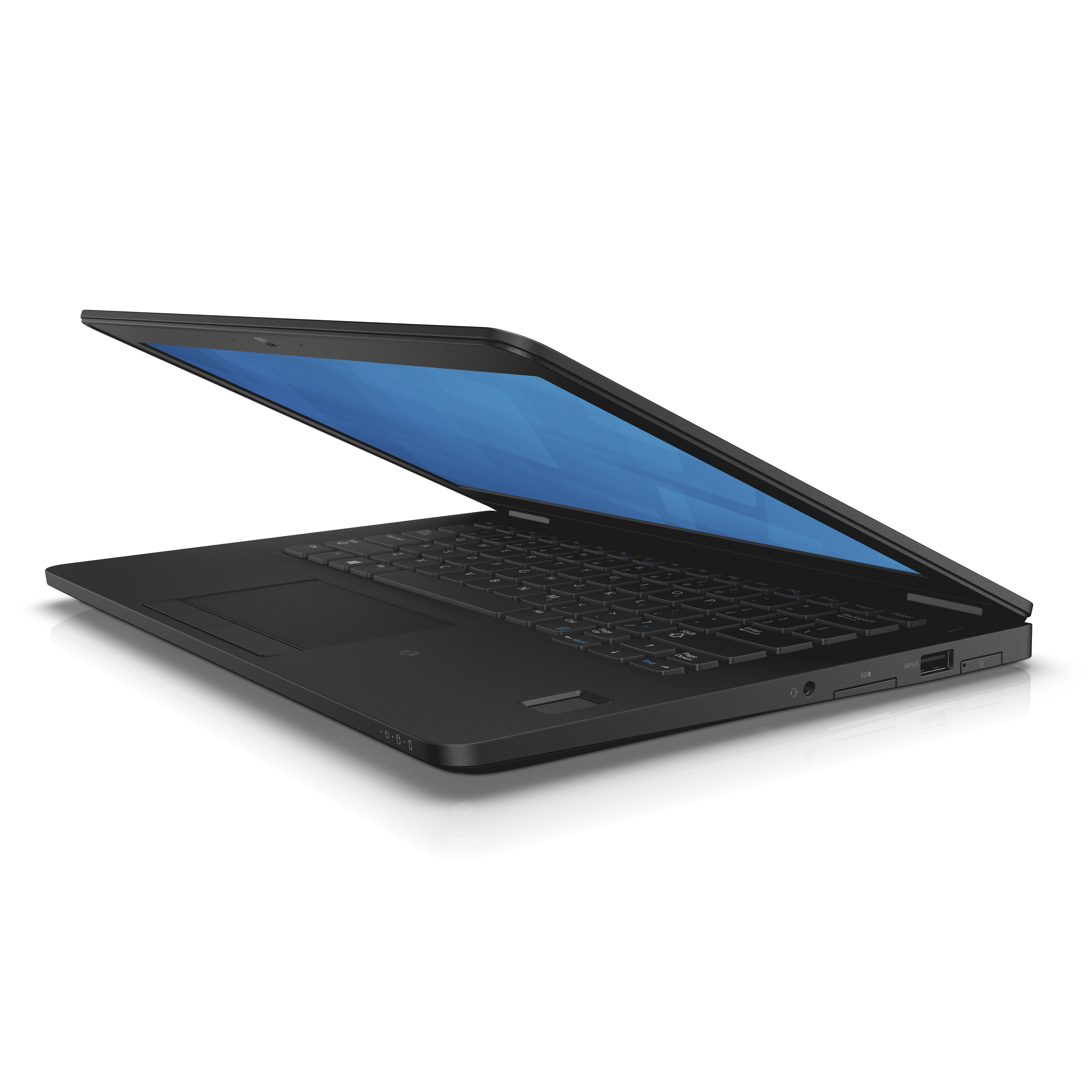 Schwarzer Laptop leicht geöffnet, Tastatur und Bildschirm zeigend. Der Bildschirm ist blau.
