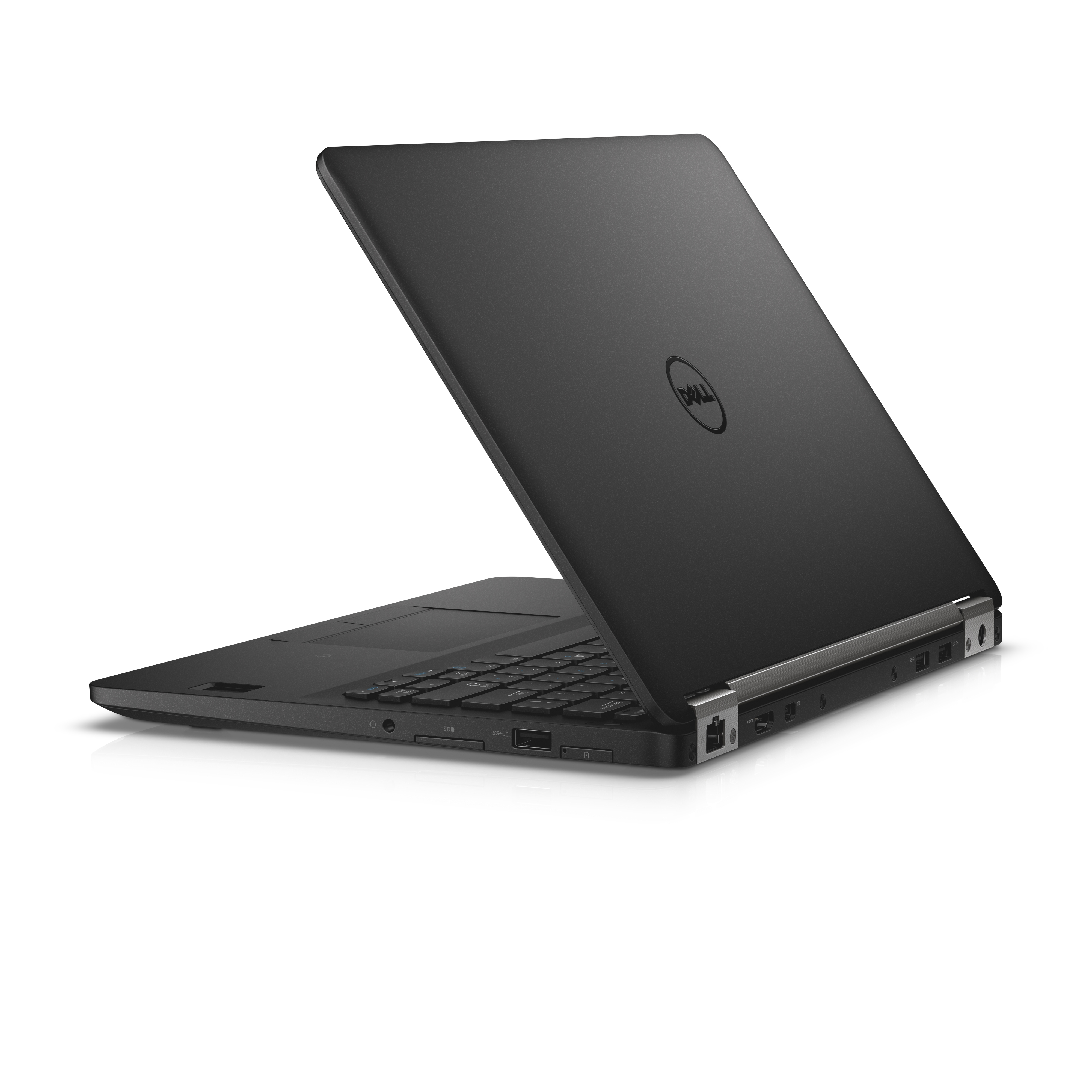 Schwarzer Dell-Laptop leicht geöffnet, zeigt Tastatur und das Dell-Logo auf der Rückseite.