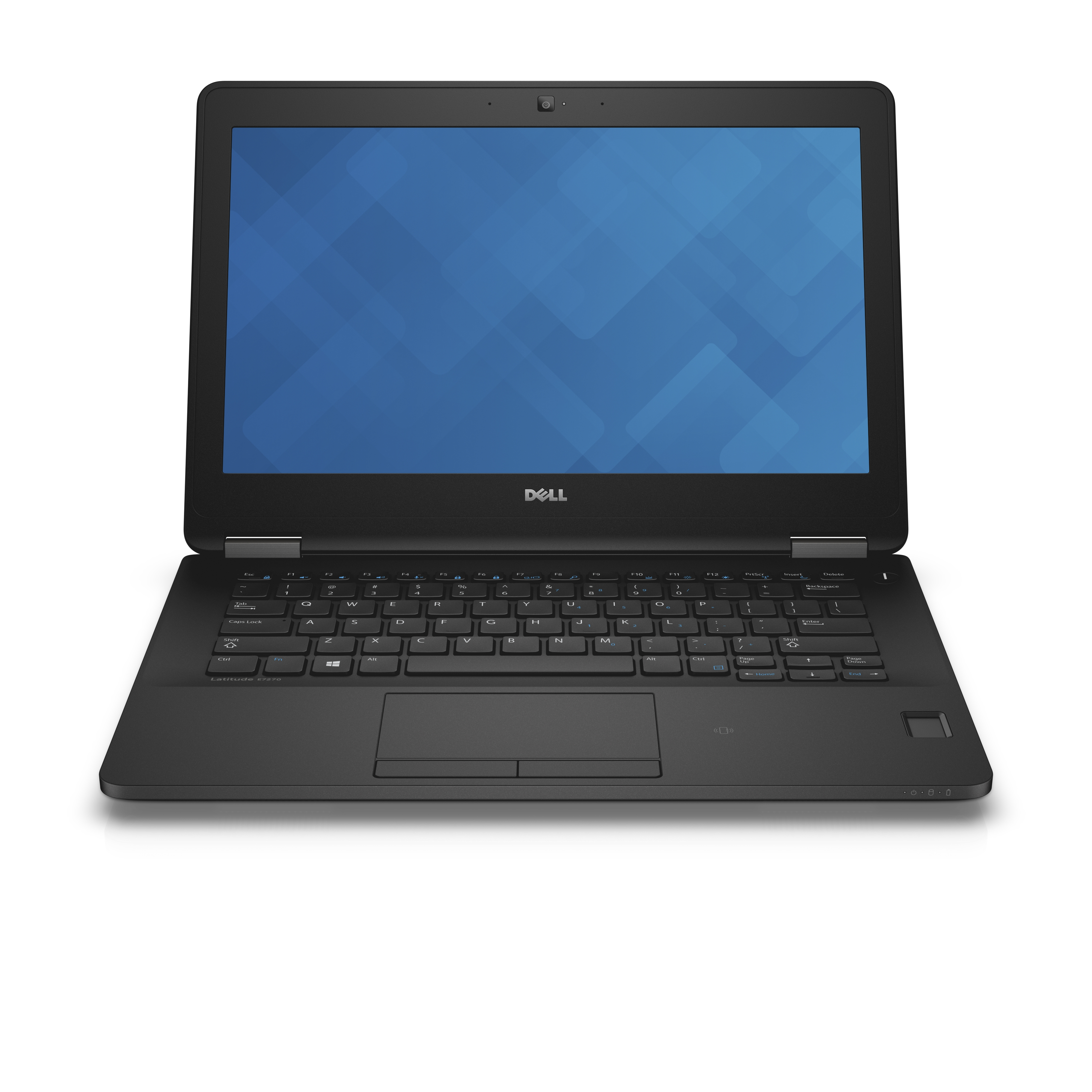Schwarzer Dell-Laptop, offen, auf weißem Hintergrund mit blauem Bildschirm.
