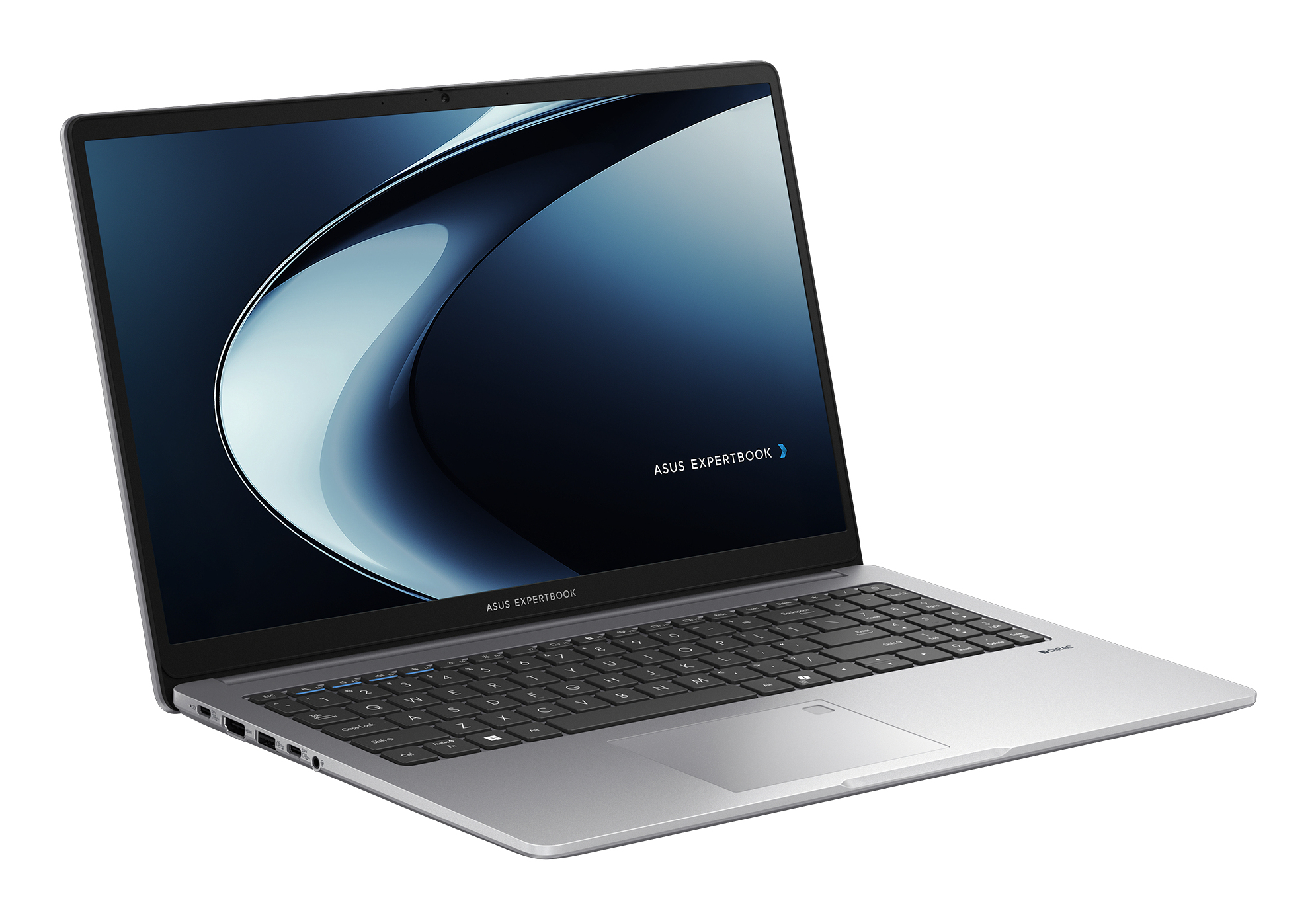 Laptop ASUS ExpertBook argentato aperto, con sfondo blu e bianco.
