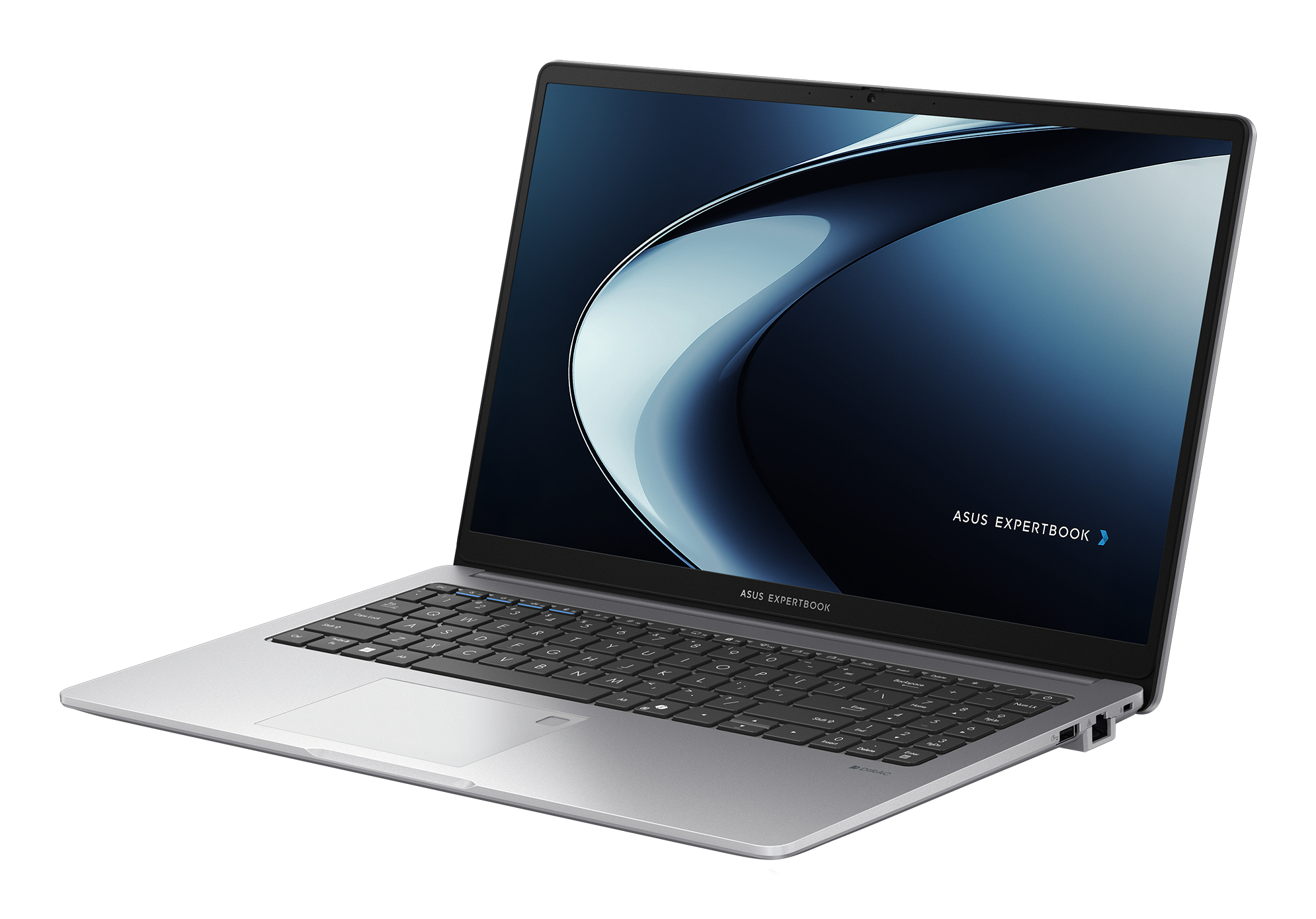 Un laptop argentato mostra uno schermo sfumato blu scuro e grigio, con testo ASUS EXPERTBOOK.