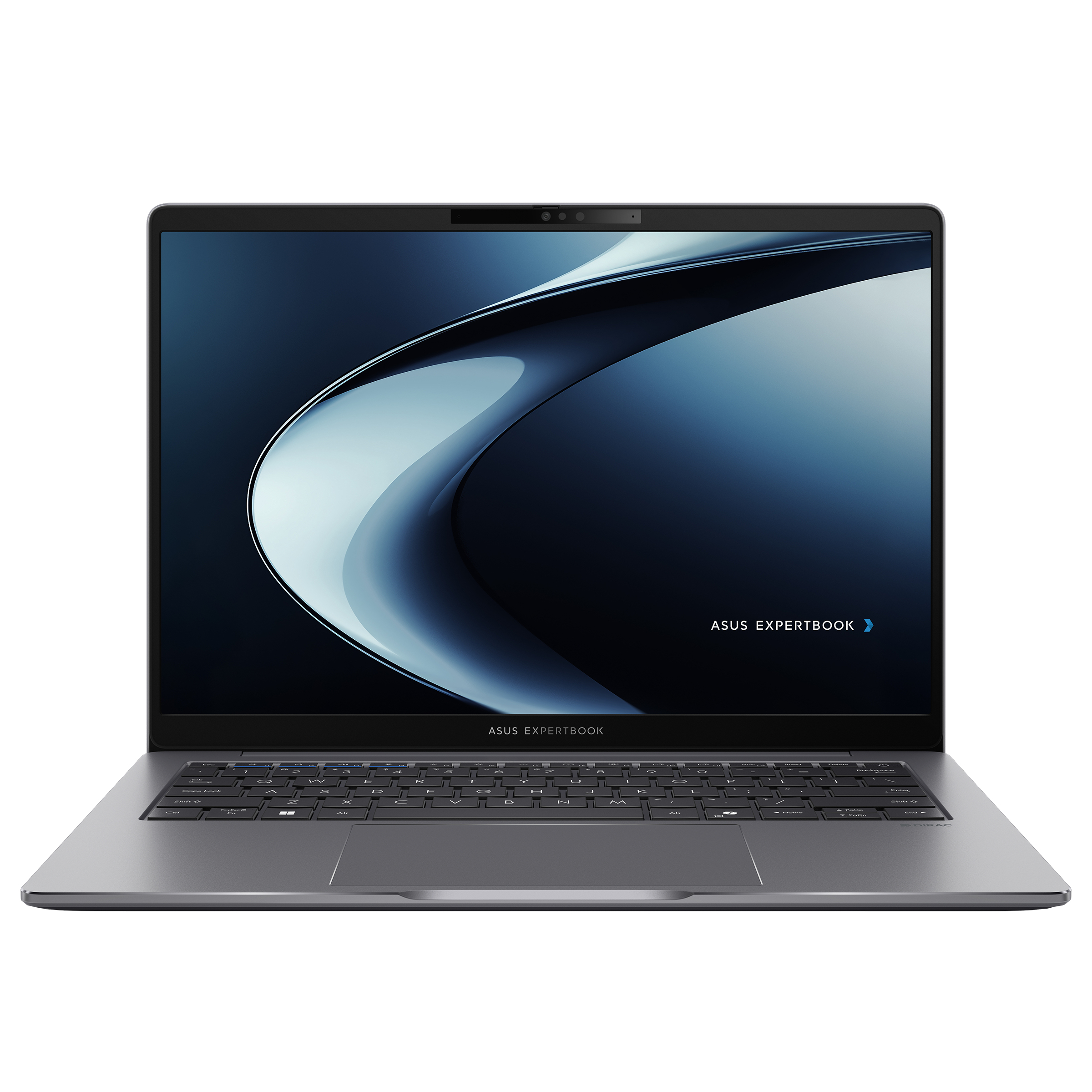 Laptop ASUS ExpertBook, widok pod kątem, otwarty. Ekran wyświetla ciemny obraz. Białe tło.