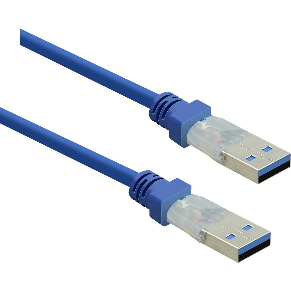 Cavo USB blu con due connettori. Sfondo bianco.