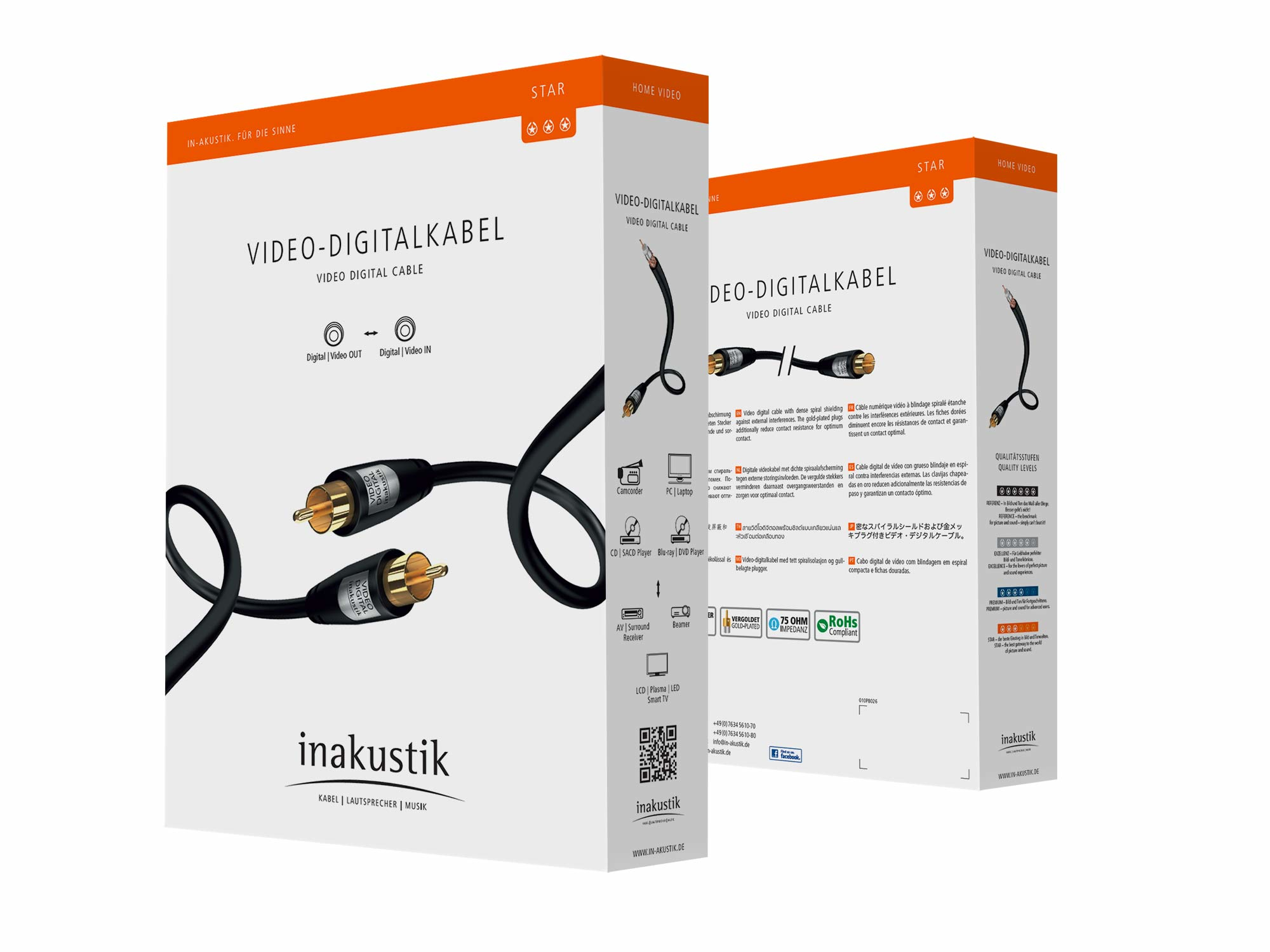 Due cavi digitali video in scatola, con connettori ed etichette di testo.
