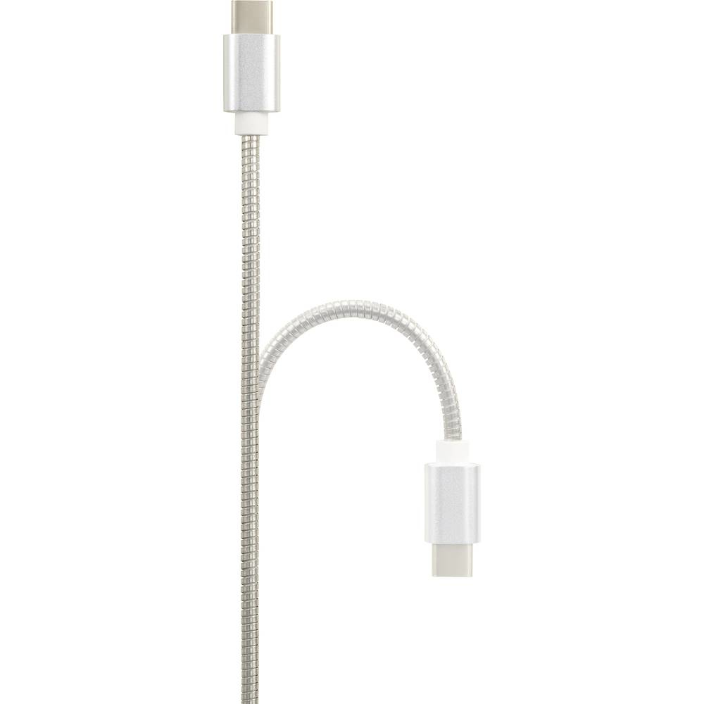 Cavo USB-C bianco e argento. Connettori USB-C a entrambe le estremità. Cavo metallico flessibile.