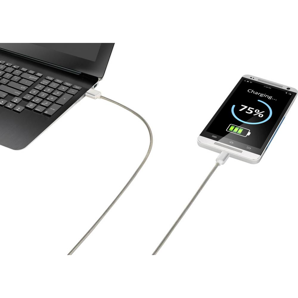 Laptop e smartphone collegati con un cavo argentato. Il telefono mostra l'avanzamento della carica.