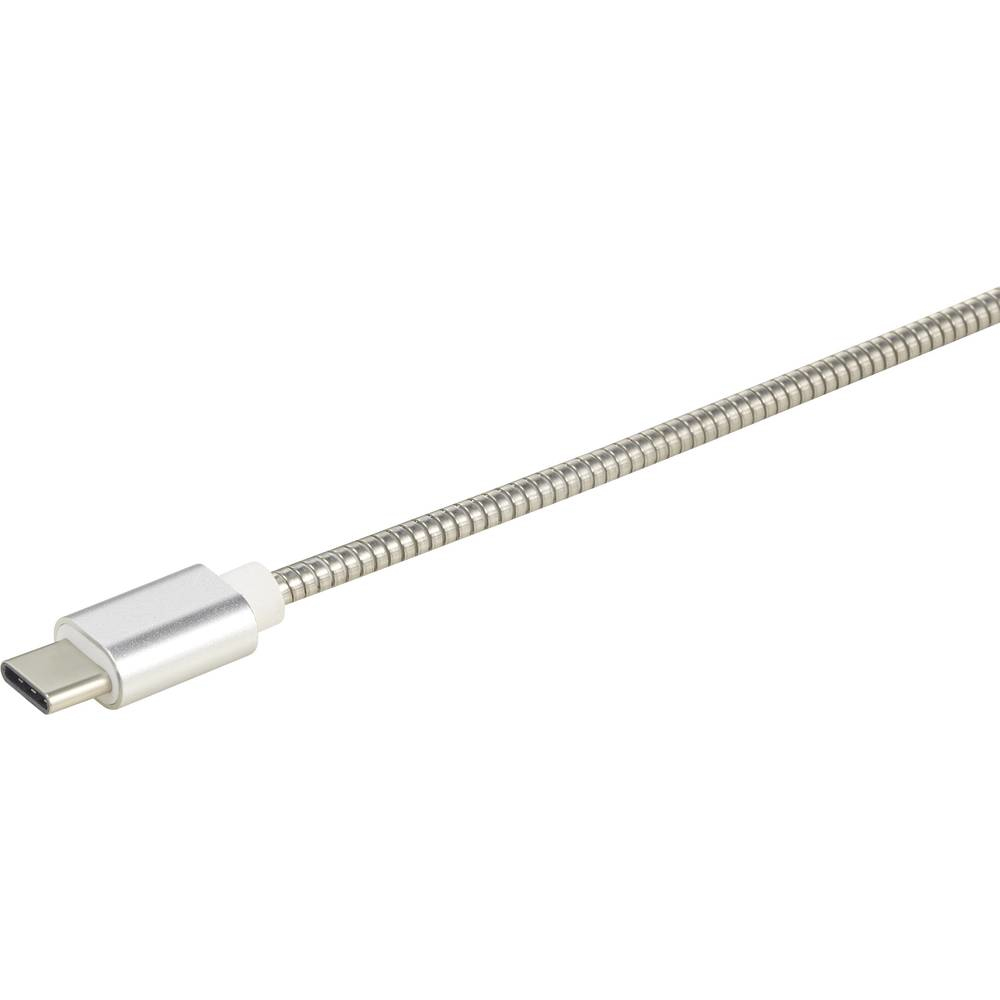 Un cavo USB-C argentato con una guaina a spirale metallica, isolato su bianco.