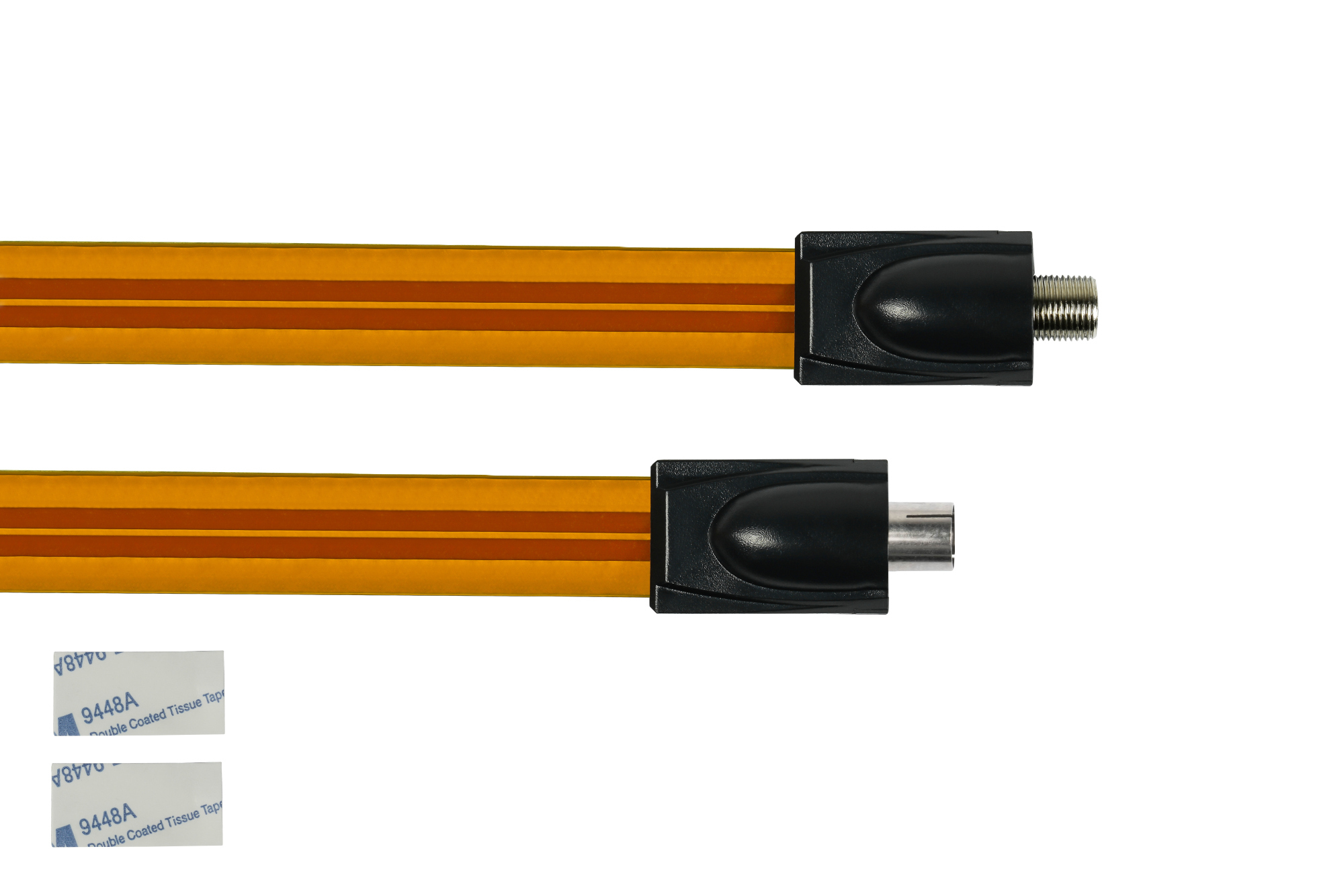 Dos cables planos amarillos con conectores negros, sobre fondo blanco.