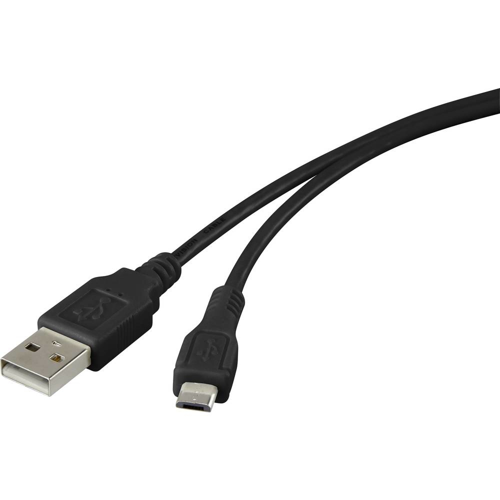 Cavo da USB a micro USB nero su sfondo bianco.
