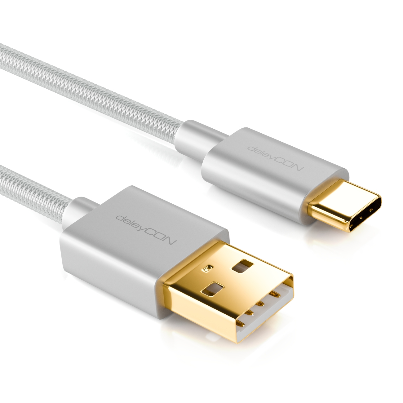Silbernes USB-A-zu-USB-C-Kabel von deleyCON auf weißem Hintergrund.