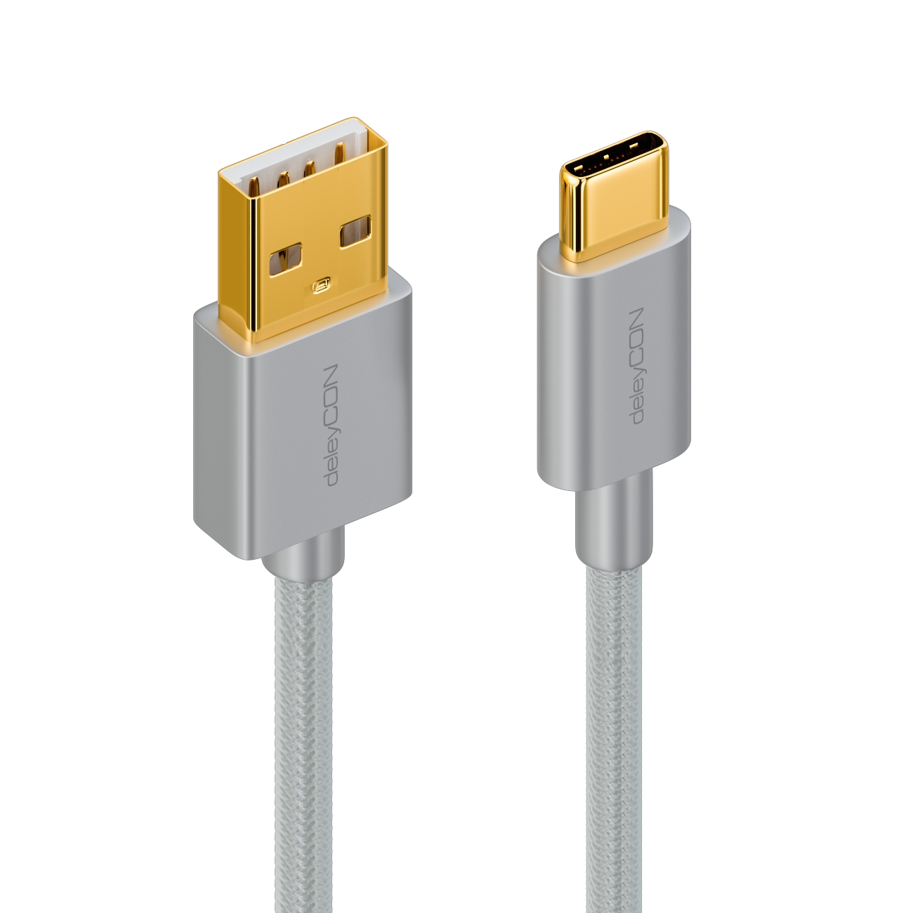 Zwei USB-A-zu-USB-C-Kabel von deleyCON auf weißem Hintergrund.