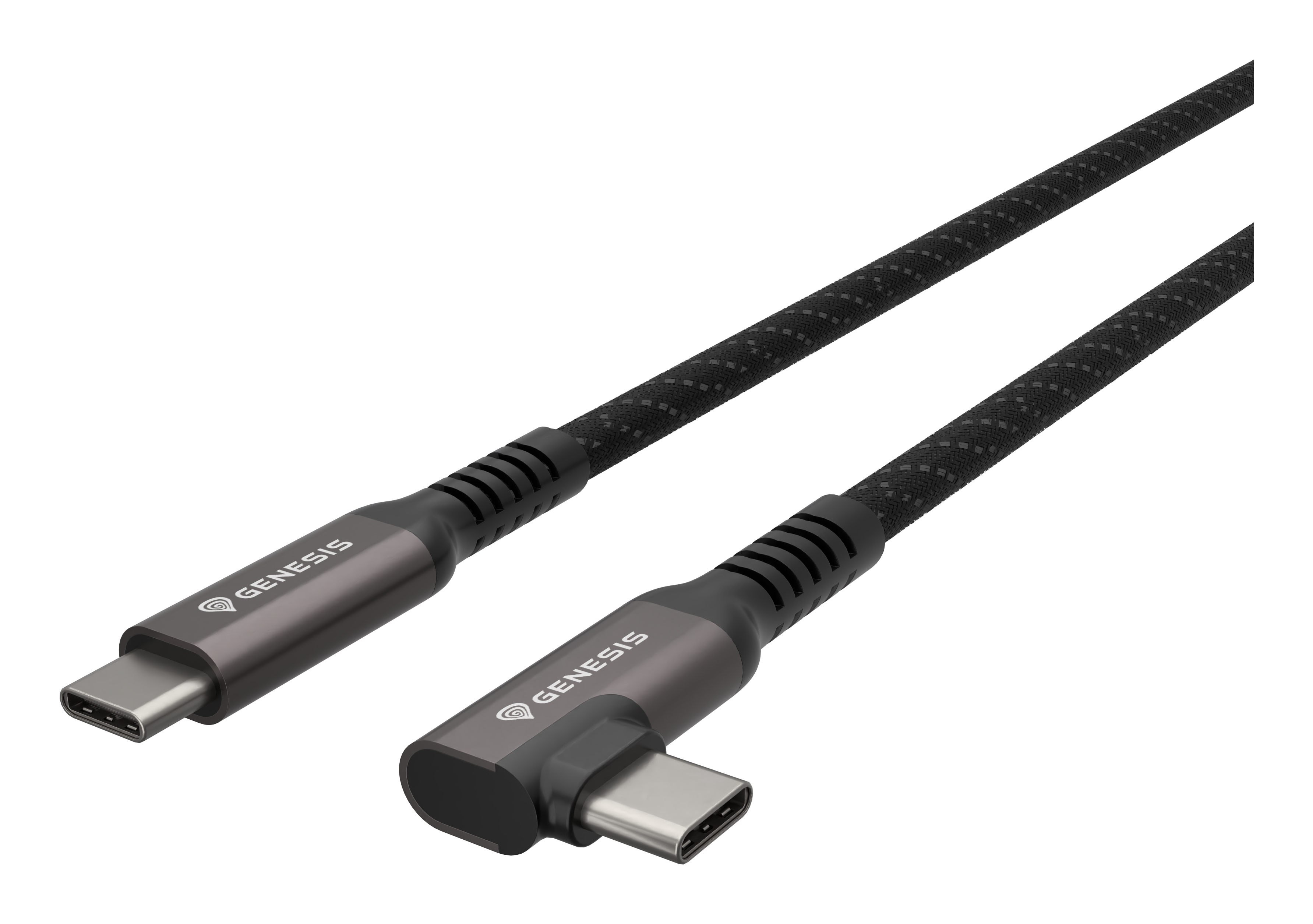 Czarny kabel USB-C Genesis z szarymi złączami i złączem kątowym 90 stopni.