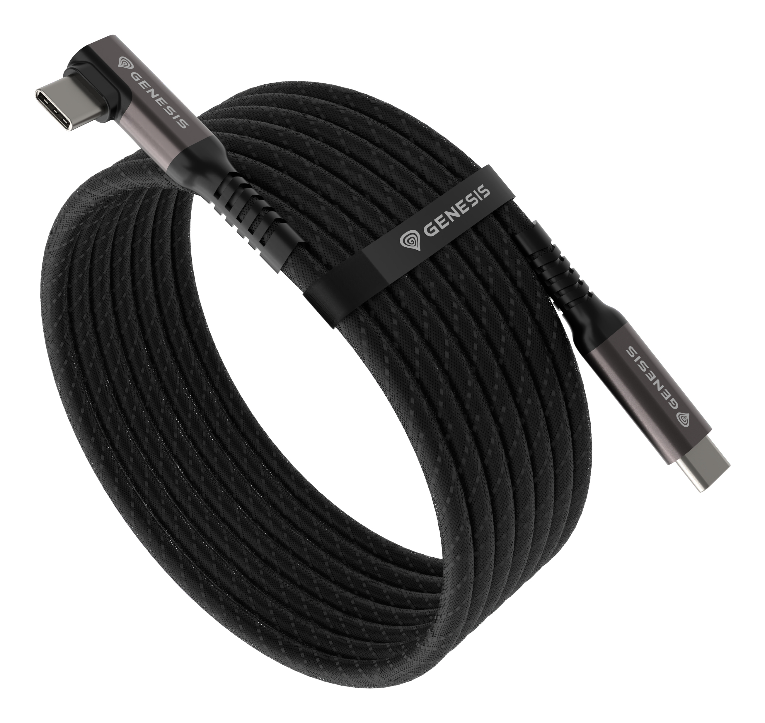 Czarny kabel USB-C Genesis zwinięty, z czarnym paskiem na białym tle.