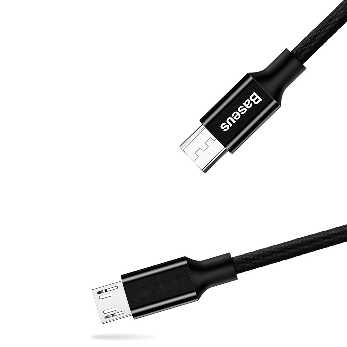 Deux câbles USB noirs avec connecteurs micro-USB, marque 'Baseus'.