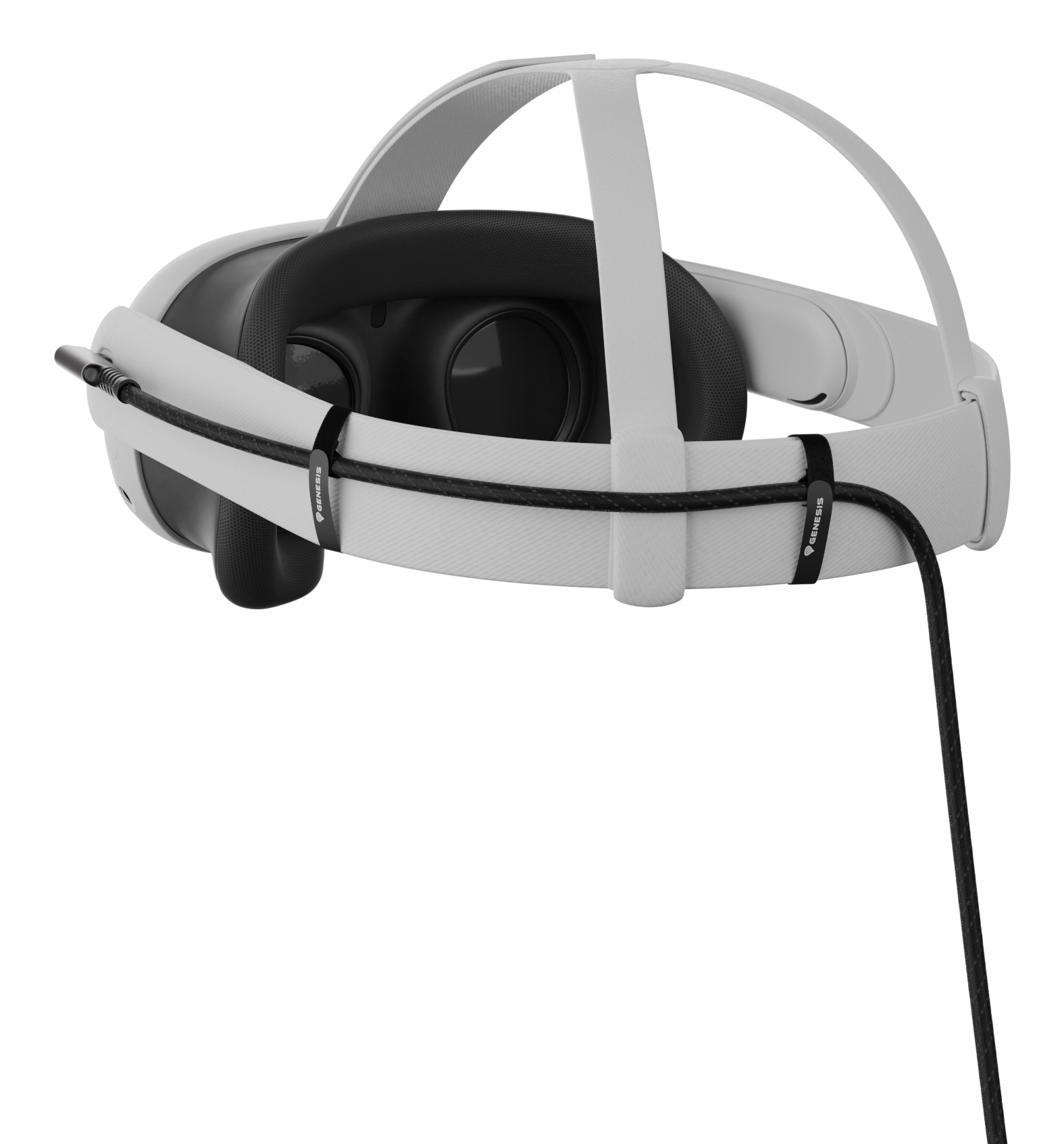 Biały zestaw słuchawkowy VR z czarną wyściółką i czarnym kablem, trzymany przez biały pasek.
