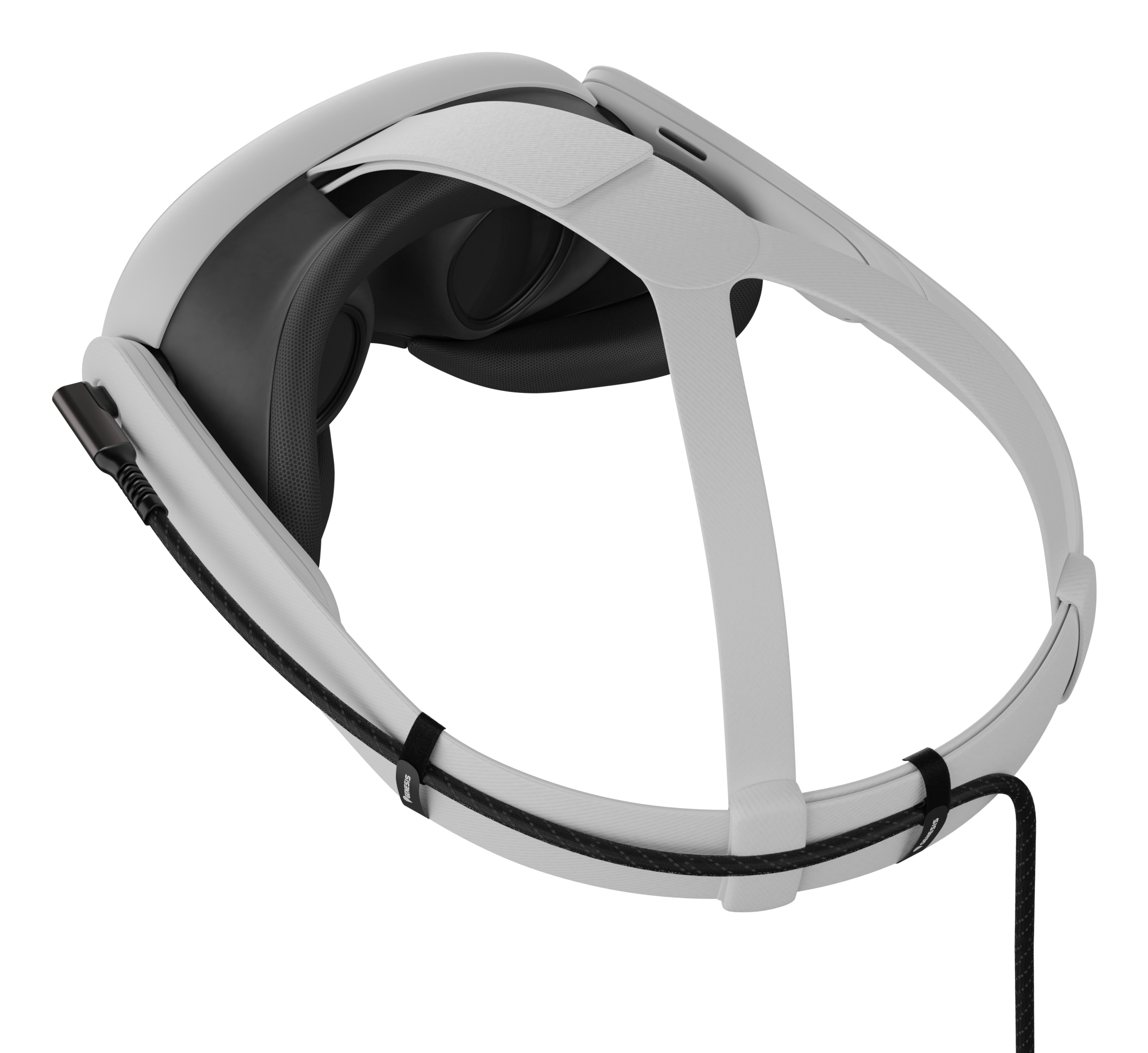 Biały zestaw słuchawkowy VR z czarną wyściółką i czarnym kablem, trzymany przez białe paski.
