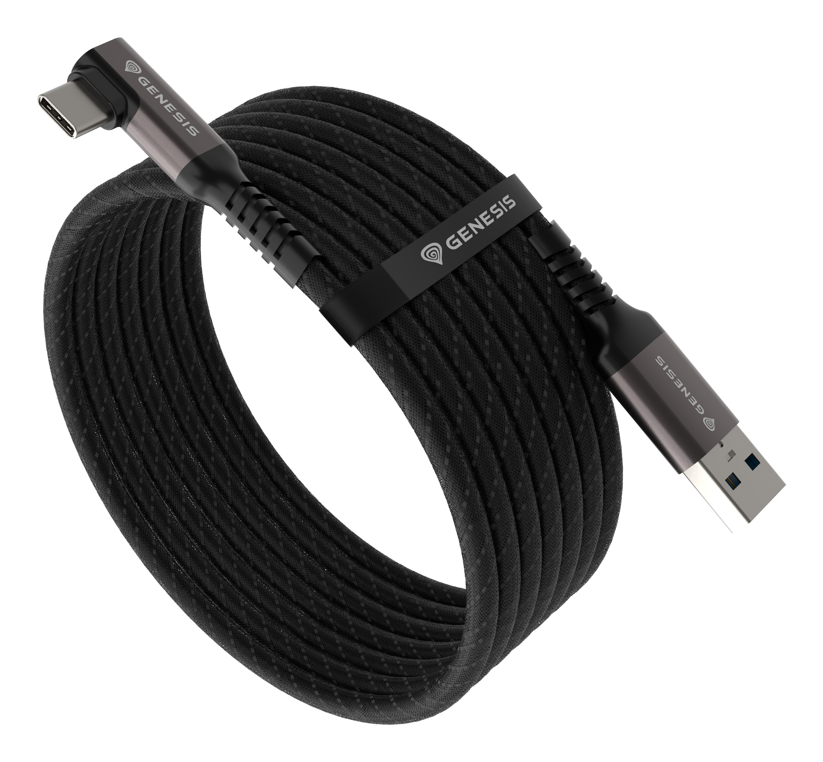 Czarny kabel USB-C ze złączami USB i kątowymi USB-C. Czarne tło.