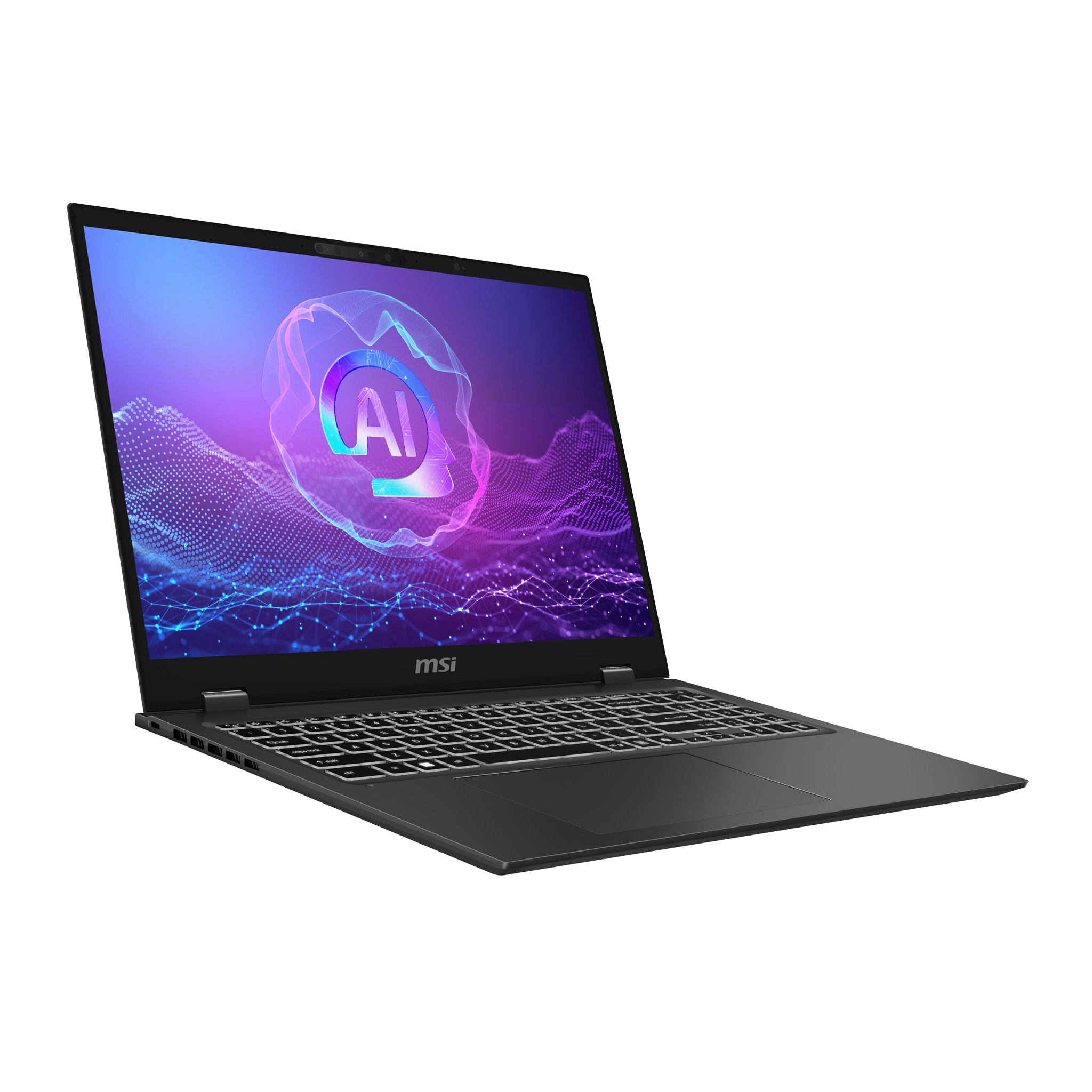 Czarny laptop MSI otwarty, wyświetlający niebiesko-fioletowy wykres AI. Białe tło.